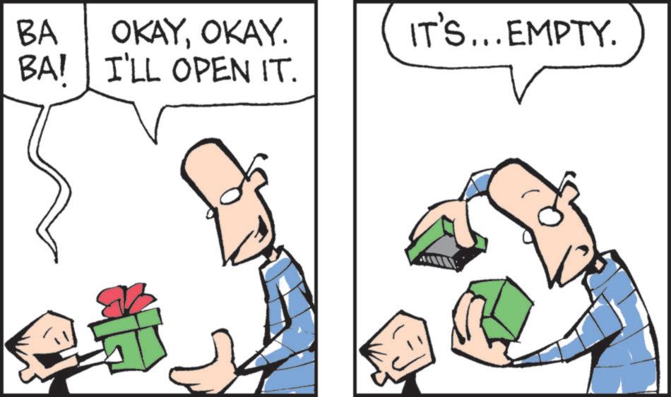 Clip art OCR: BA OKAYOKAY. BA! I'LL OPEN IT. IT'S... EMPTY. BA OKAYOKAY . BA ! I'LL OPEN IT . IT'S ... EMPTY .