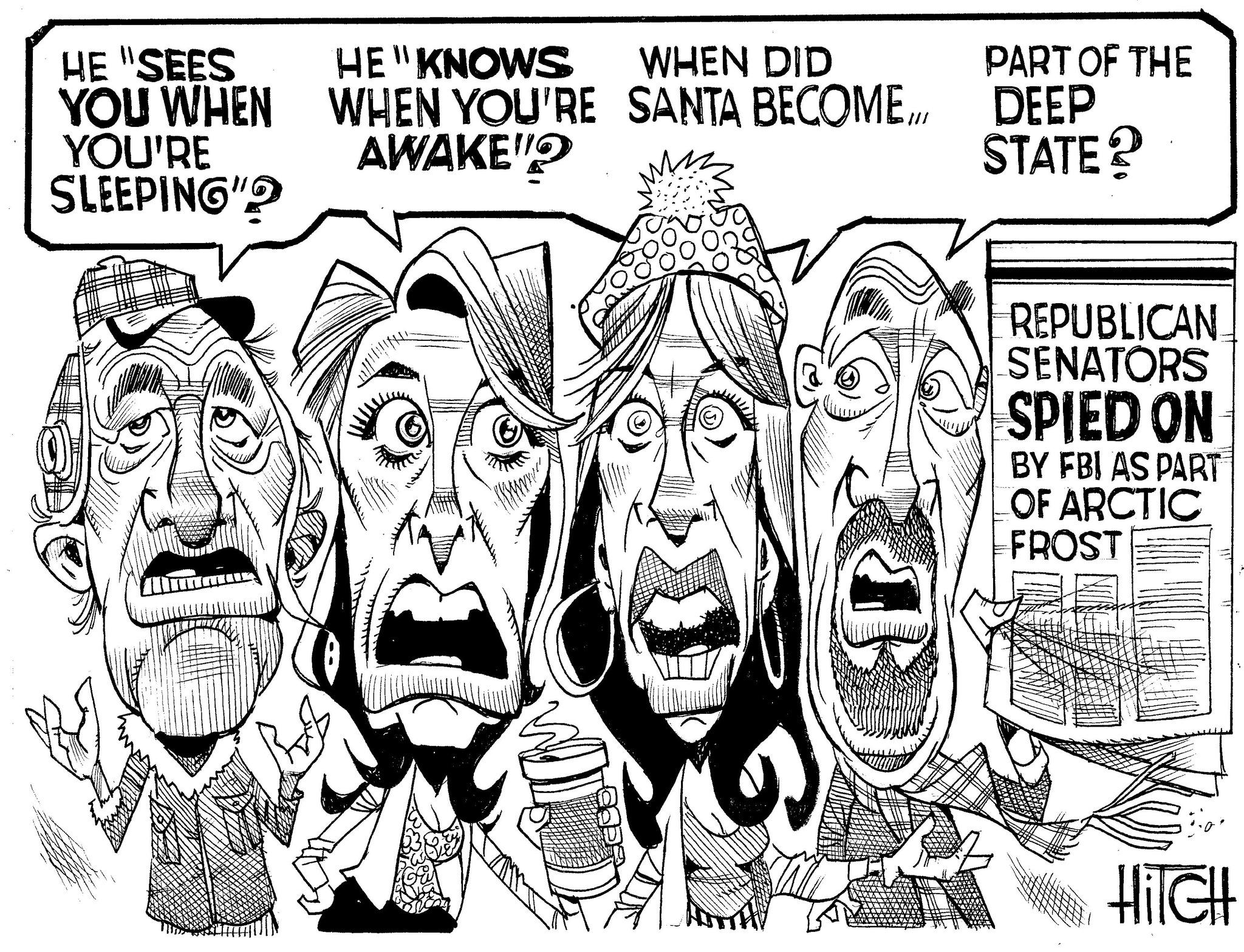 Graphics OCR: HE "SEES YOU WHEN YOU'RE SLEEPING"? HE KNOWS WHEN DID WHEN YOU'RE SANTA BECOME AWAKE"? PART OF THE DEEP STATE? REPUBLICAN SENATORS SPIED ON BY FBI AS PART OF ARCTIC FROST HITCH HE " SEES YOU WHEN YOU'RE SLEEPING " ? HE KNOWS WHEN DID WHEN YOU'RE SANTA BECOME AWAKE " ? PART OF THE DEEP STATE ? REPUBLICAN SENATORS SPIED ON BY FBI AS PART OF ARCTIC FROST HITCH