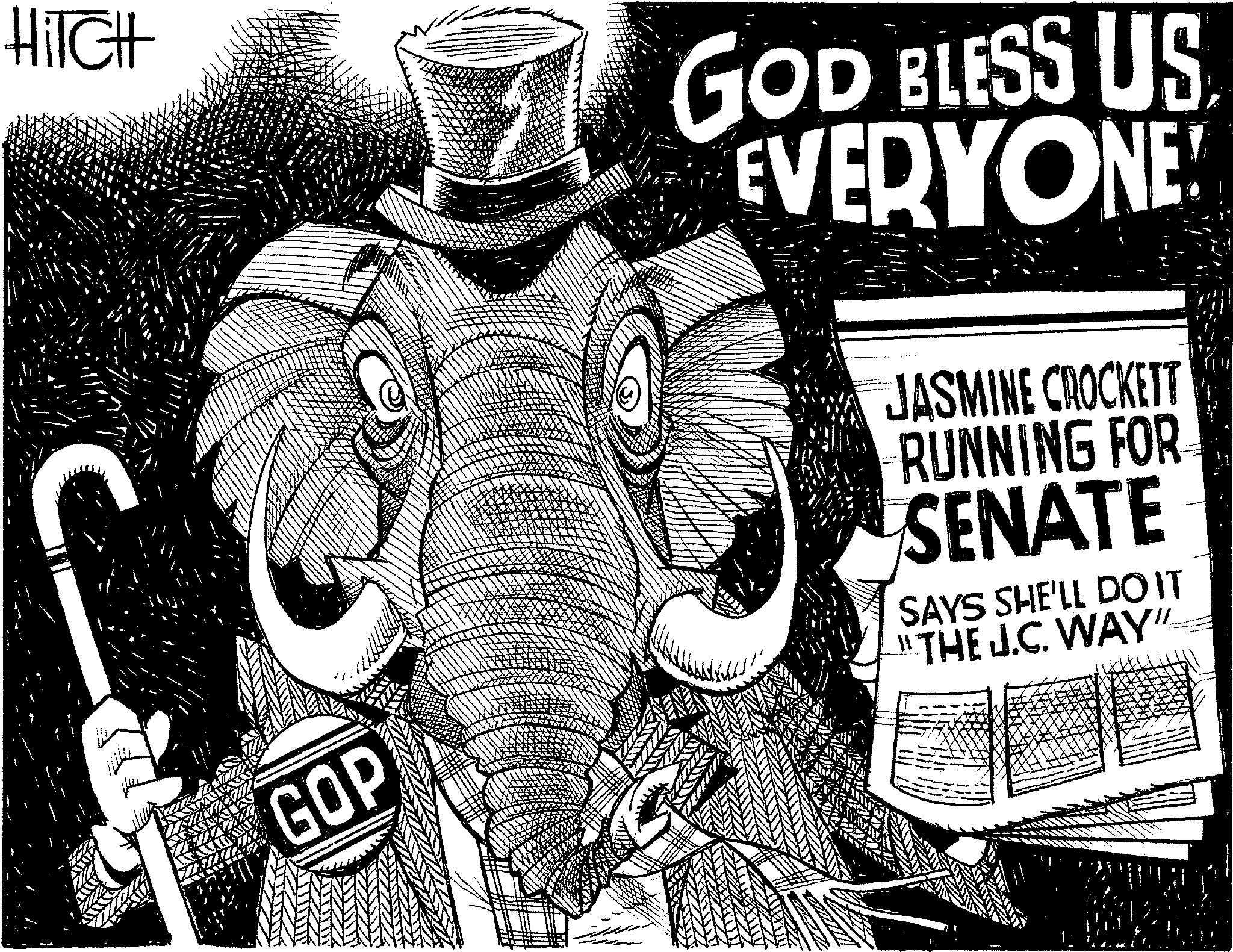 Photo caption OCR: HilcHt GOD BLESS US EVERYONE! GOP JASMINE CROCKETT RUNNING FOR SENATE SAYS SHE'LL DO IT "THE J.C. WAY" HilcHt GOD BLESS US EVERYONE ! GOP JASMINE CROCKETT RUNNING FOR SENATE SAYS SHE'LL DO IT " THE J.C. WAY "