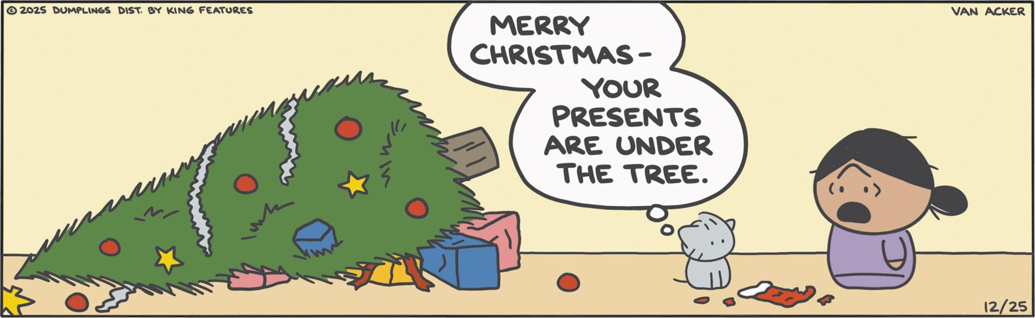 Christmas ornament OCR: 2025 DUMPLINGS DIST. BY KING FEATURES MERRY CHRISTMAS- YOUR PRESENTS ARE UNDER THE TREE. VAN ACKER 12/25 2025 DUMPLINGS DIST . BY KING FEATURES MERRY CHRISTMAS- YOUR PRESENTS ARE UNDER THE TREE . VAN ACKER 12/25