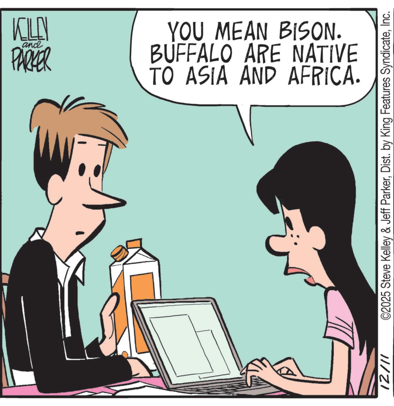 Graphics OCR: KILLEN and PARKER YOU MEAN BISON. BUFFALO ARE NATIVE TO ASIA AND AFRICA. 12/11 ©2025 Steve Kelley & Jeff ParkerInc. KILLEN and PARKER YOU MEAN BISON . BUFFALO ARE NATIVE TO ASIA AND AFRICA . 12/11 © 2025 Steve Kelley & Jeff ParkerDist . by King Features Syndicate
