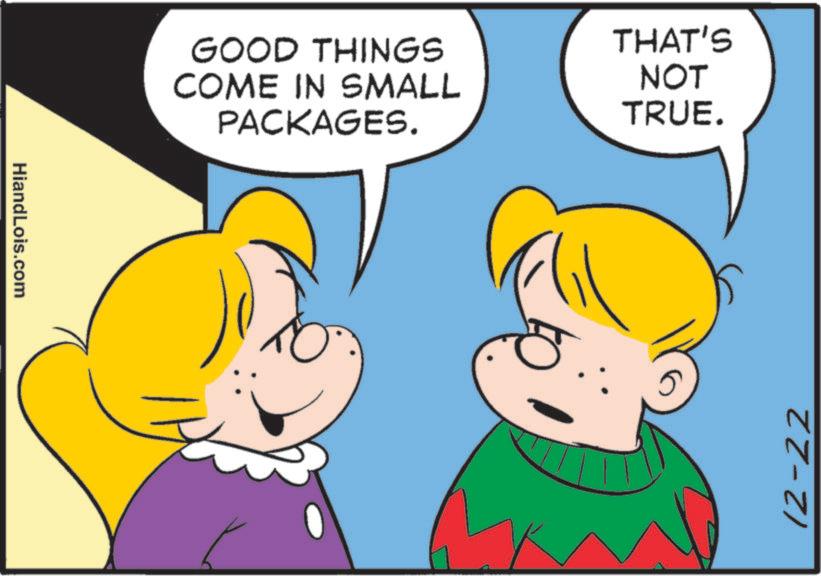 Photo caption OCR: HiandLois.com GOOD THINGS COME IN SMALL THAT'S PACKAGES. NOT TRUE. 12-22 HiandLois.com GOOD THINGS COME IN SMALL THAT'S PACKAGES . NOT TRUE . 12-22