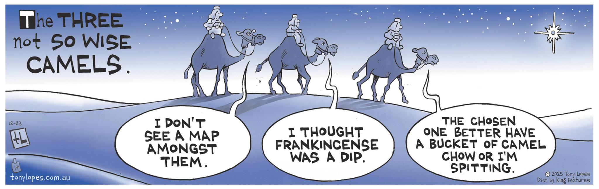 Photo caption OCR: The THREE not SO WISE CAMELS 12-23 tonylopes.com.au I DON'T SEE A MAP AMONGST THEM. I THOUGHT FRANKINCENSE WAS A DIP. THE CHOSEN ONE BETTER HAVE A BUCKET OF CAMEL CHOW OR I'M SPITTING. 2025 Tony Lopes Dist. by King Features The THREE not SO WISE CAMELS 12-23 tonylopes.com.au I DON'T SEE A MAP AMONGST THEM . I THOUGHT FRANKINCENSE WAS A DIP . THE CHOSEN ONE BETTER HAVE A BUCKET OF CAMEL CHOW OR I'M SPITTING . 2025 Tony Lopes Dist . by King Features