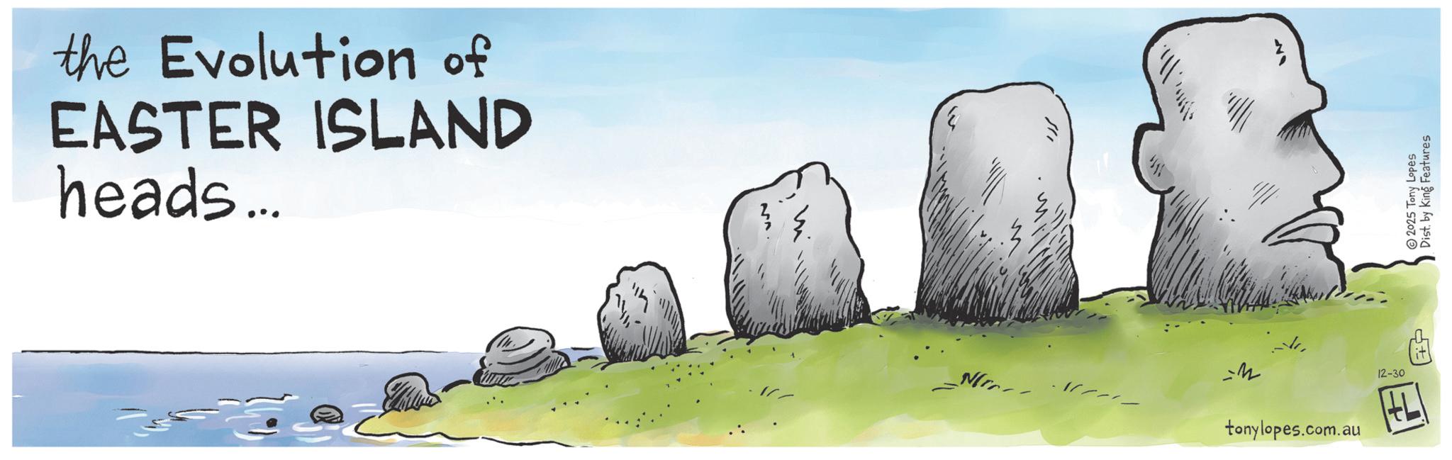 Animation OCR: the Evolution of EASTER ISLAND heads... M =22 tonylopes.com.au 12-30 2025 Tony Lopes Distby King Features the Evolution of EASTER ISLAND heads ... M = 22 tonylopes.com.au 12-30 2025 Tony Lopes Distby King Features