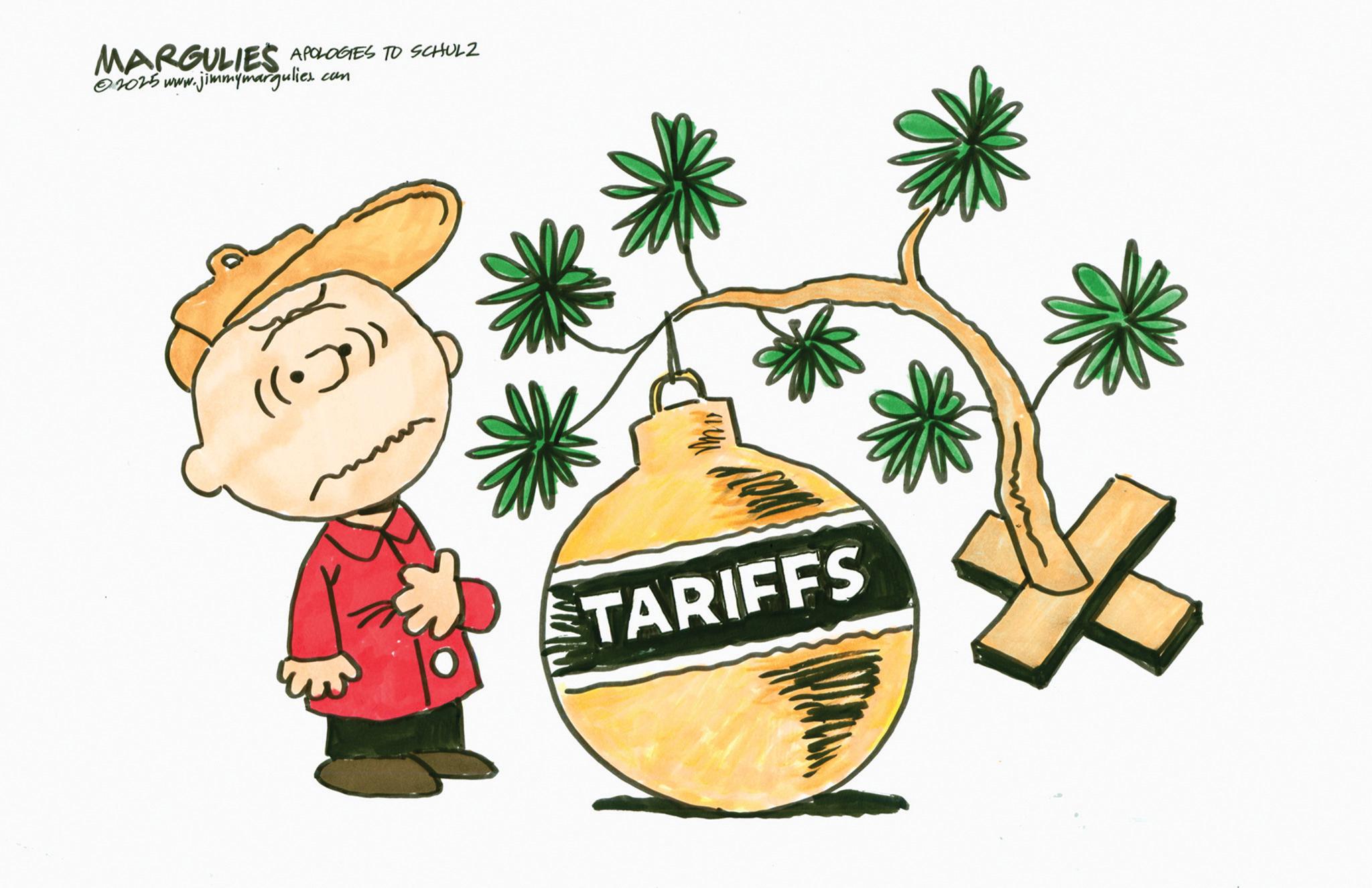 Animated cartoon OCR: MARGULIES APOLOGIES TO SCHULZ 2025 www.jimmymargulies can ((•)•)) TARIFFS MARGULIES APOLOGIES TO SCHULZ 2025 www.jimmymargulies can ( ( • ) • ) ) TARIFFS