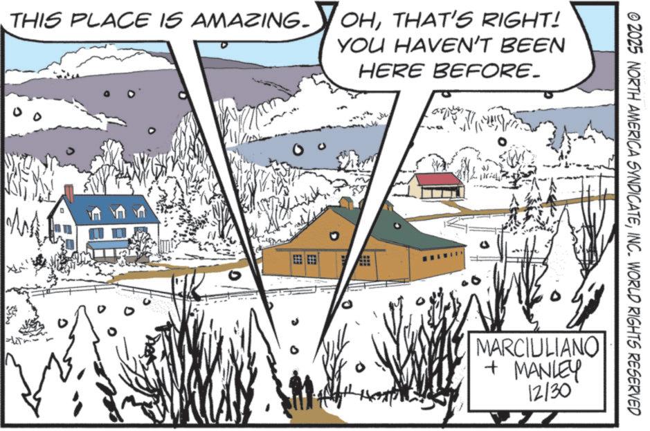 Animation OCR: THIS PLACE IS AMAZING. OHTHAT'S RIGHT! YOU HAVEN'T BEEN HERE BEFORE. 00 © 2025 NORTH AMERICA SYNDICATEINC. WORLD RIGHTS RESERVED MARCIULIANO + MANLEY 12/30 THIS PLACE IS AMAZING . OHTHAT'S RIGHT ! YOU HAVEN'T BEEN HERE BEFORE . 00 © 2025 NORTH AMERICA SYNDICATEINC . WORLD RIGHTS RESERVED MARCIULIANO + MANLEY 12/30