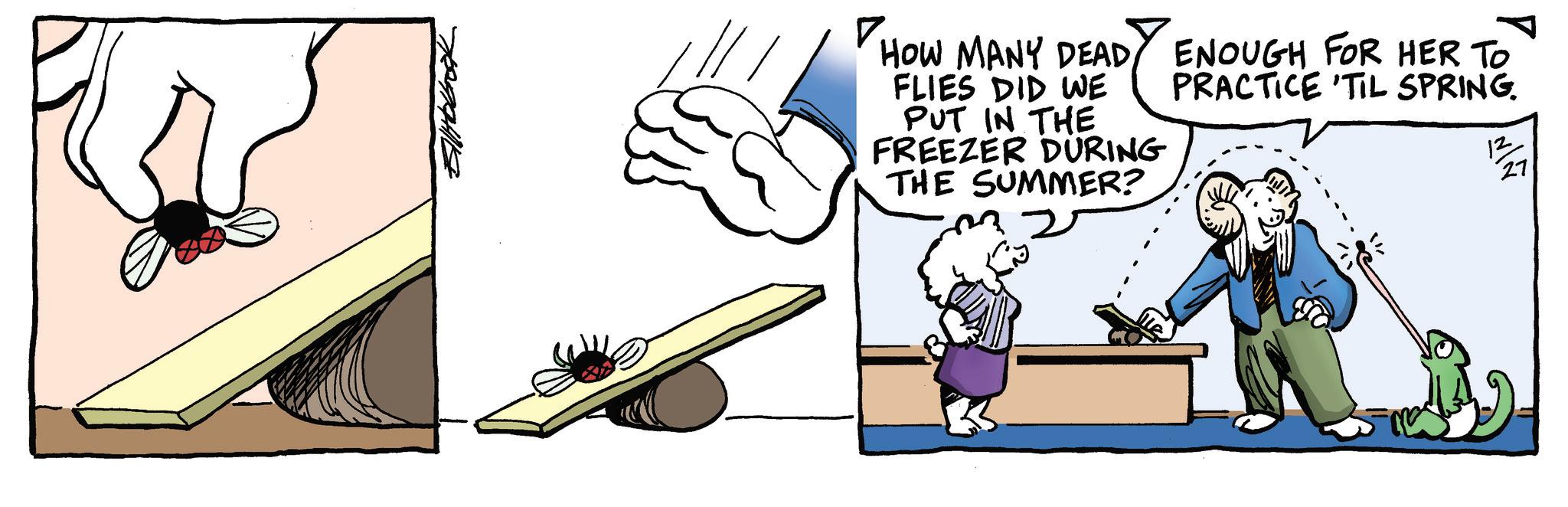 Fictional character OCR: ?. HOW MANY DEAD ENOUGH FOR HER TO FLIES DID WE PUT IN THE FREEZER DURING THE SUMMER? PRACTICE 'TIL SPRING. 12 27 ? . HOW MANY DEAD ENOUGH FOR HER TO FLIES DID WE PUT IN THE FREEZER DURING THE SUMMER ? PRACTICE ' TIL SPRING . 12 27