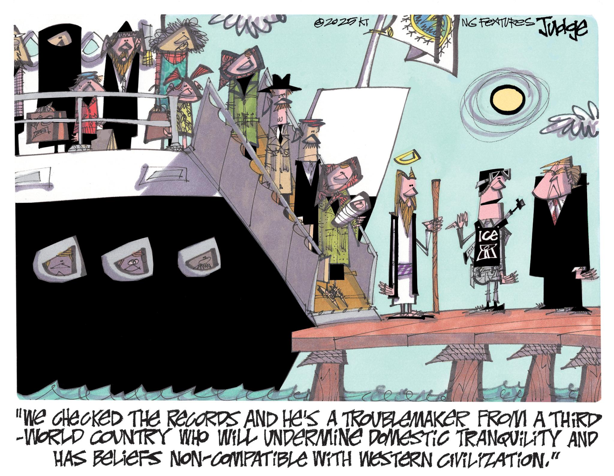 Animation OCR: ?? 2025 KT ***** ING FEATURES Judge ice SE "WE CHECKED THE RECORDS AND HE'S A TROUBLEMAKER FROM A THIRD -WORLD COUNTRY WHO WILL UNDERMINE DOMESTIC TRANQUILITY AND HAS BELIEFS NON-COMPATIBLE WITH WESTERN CIVILIZATION." ?? 2025 KT ***** ING FEATURES Judge ice SE " WE CHECKED THE RECORDS AND HE'S A TROUBLEMAKER FROM A THIRD -WORLD COUNTRY WHO WILL UNDERMINE DOMESTIC TRANQUILITY AND HAS BELIEFS NON - COMPATIBLE WITH WESTERN CIVILIZATION . "