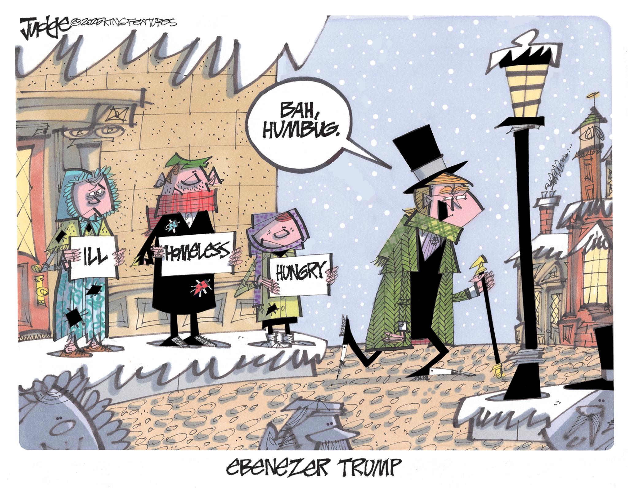 Graphic design OCR: Judge ©2025KING FEATURES M ILL LICE BAHHUMBUG. HOMELESS HUNGRY CBENEZER TRUMP Guna Judge © 2025KING FEATURES M ILL LICE BAHHUMBUG . HOMELESS HUNGRY CBENEZER TRUMP Guna