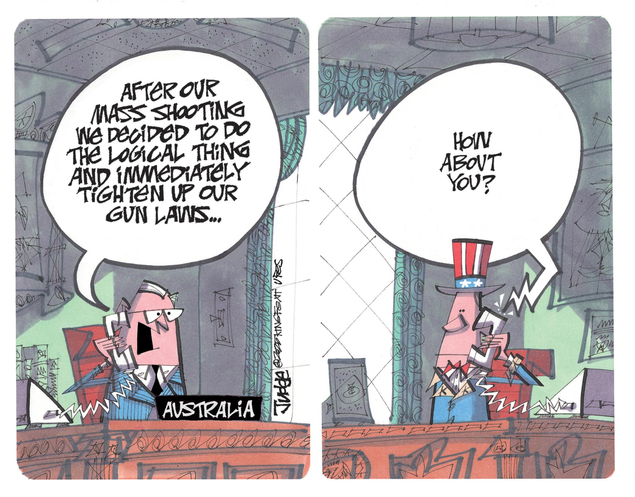 Comics OCR: AFTER OUR MASS SHOOTING WE DECIDED TO DO THE LOGICAL THING AND IMMEDIATELY TIGHTEN UP OUR GUN LAWS... HOWV ABOUT YOU? 7 M ???? AUSTRALIA Q s a s s o a d d z Mm. AFTER OUR MASS SHOOTING WE DECIDED TO DO THE LOGICAL THING AND IMMEDIATELY TIGHTEN UP OUR GUN LAWS ... HOWV ABOUT YOU ? 7 M ???? AUSTRALIA Q s a s s o a d d z Mm .