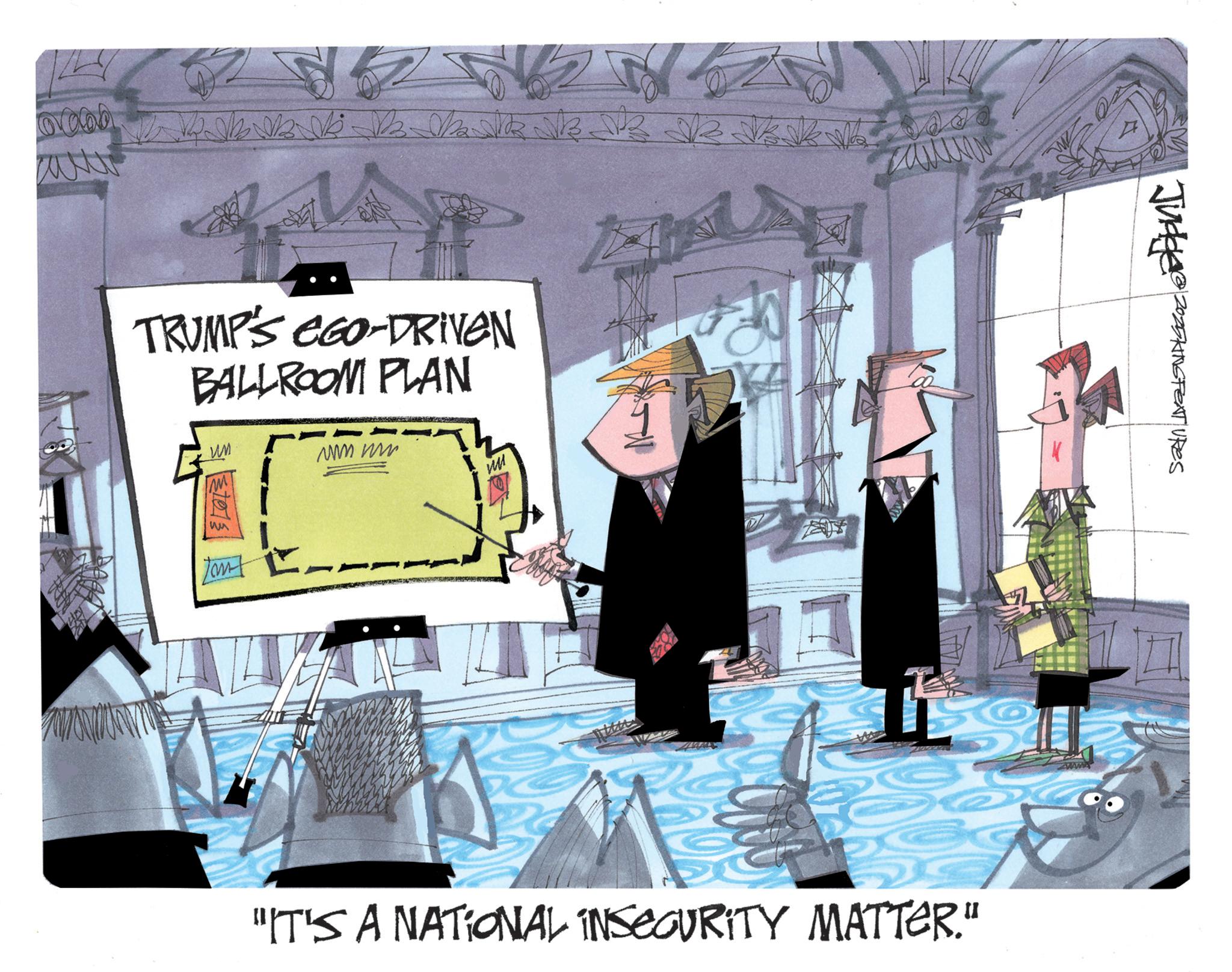 Animation OCR: www M B M M B M VR VR VR VR VR V TRUMP'S EGO-DRIVEN BALLROOM PLAN ?? www. ?? "IT'S A NATIONAL INSECURITY MATTER." Judge SFEATURES www M B M M B M VR VR VR VR VR V TRUMP'S EGO - DRIVEN BALLROOM PLAN ?? www . ?? " IT'S A NATIONAL INSECURITY MATTER . " Judge SFEATURES