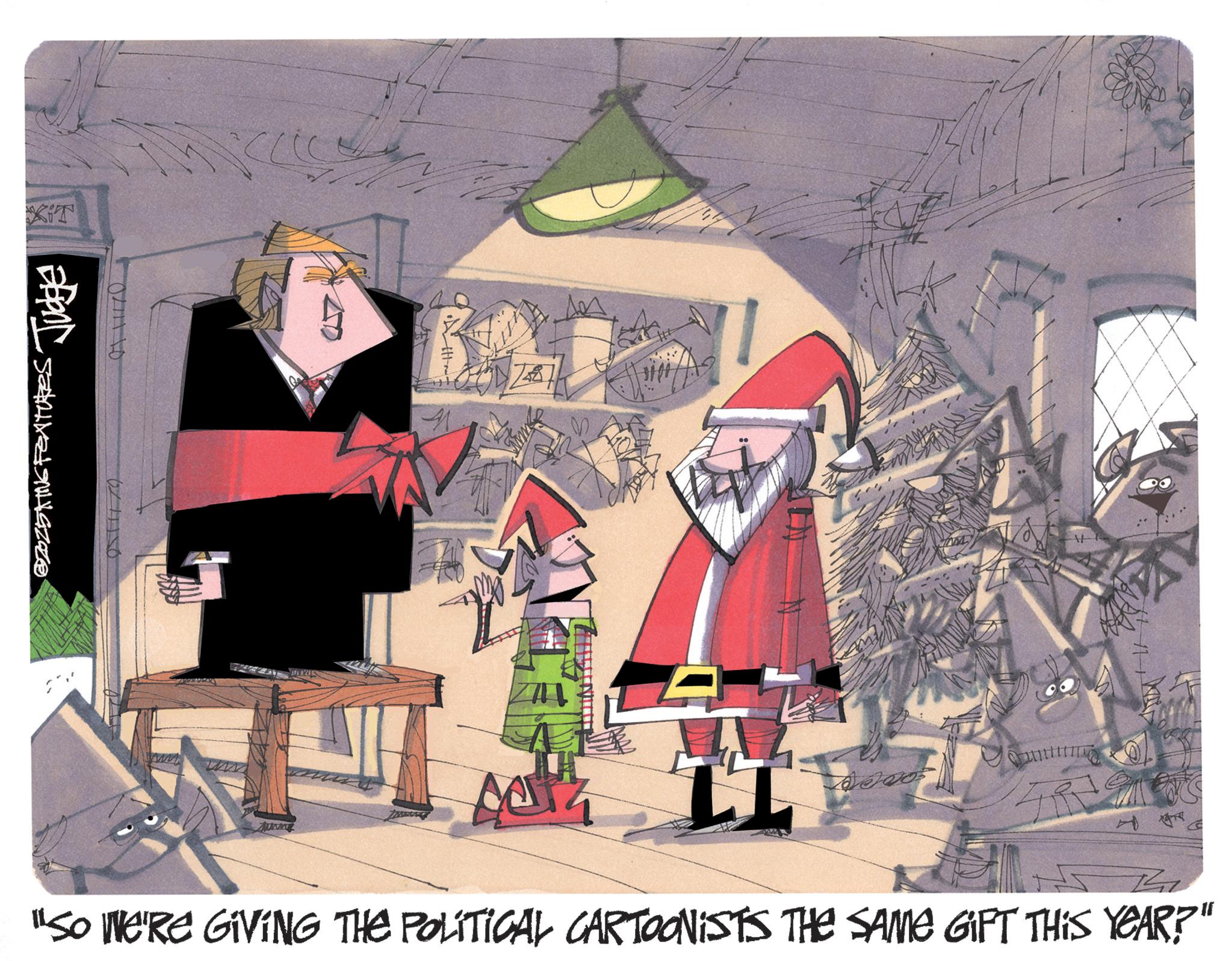 Fictional character OCR: XT ZEO "SO WE'RE GIVING THE POLITICAL CARTOONISTS THE SAME GIFT THIS YEAR?" XT ZEO " SO WE'RE GIVING THE POLITICAL CARTOONISTS THE SAME GIFT THIS YEAR ? "