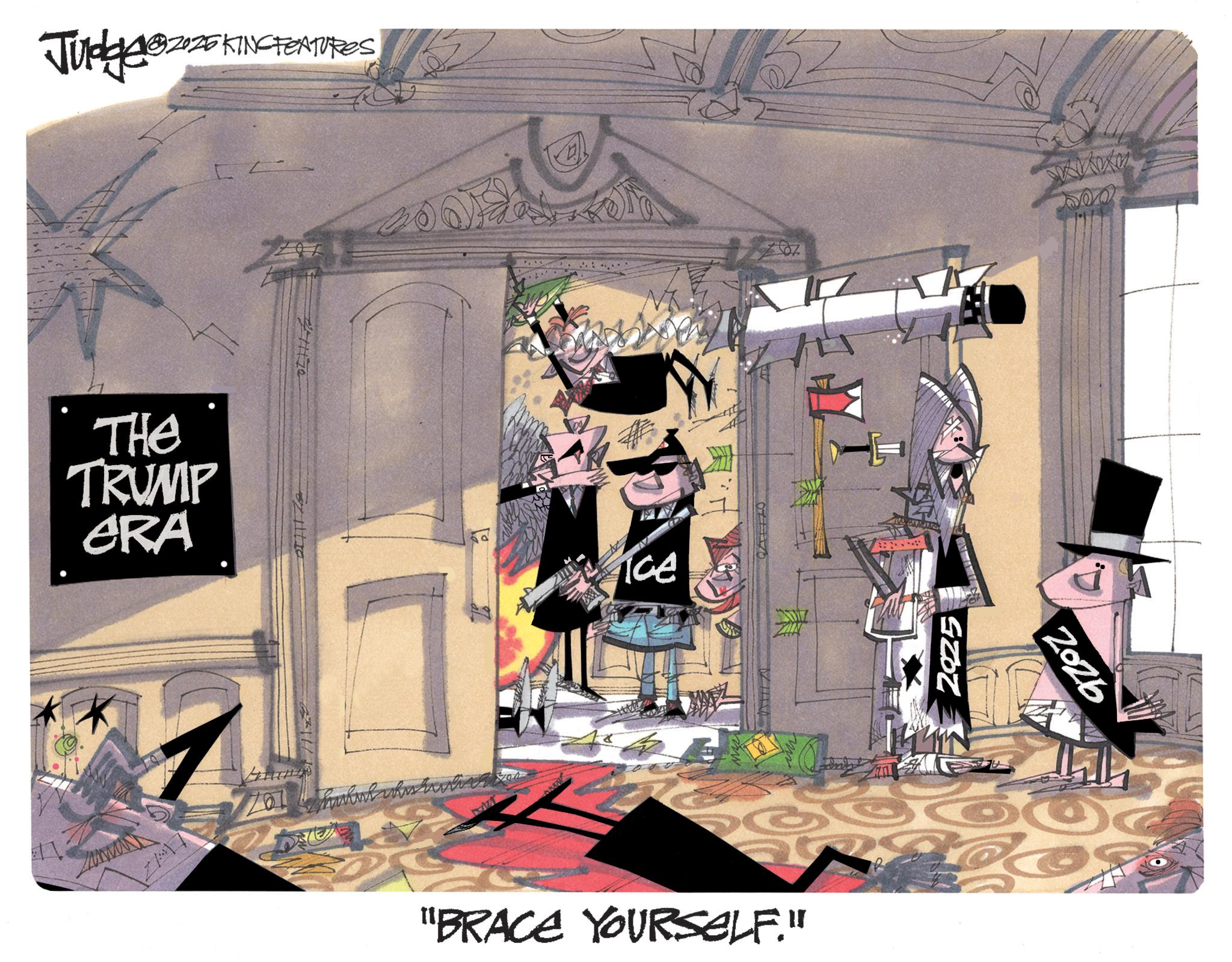 Comics OCR: Judge@2020ki 2020 KINGFEATURES THE TRUMP eRA ? ice ZAN "BRACE YOURSELF." 2025 Zozb Judge @ 2020ki 2020 KINGFEATURES THE TRUMP eRA ? ice ZAN " BRACE YOURSELF . " 2025 Zozb