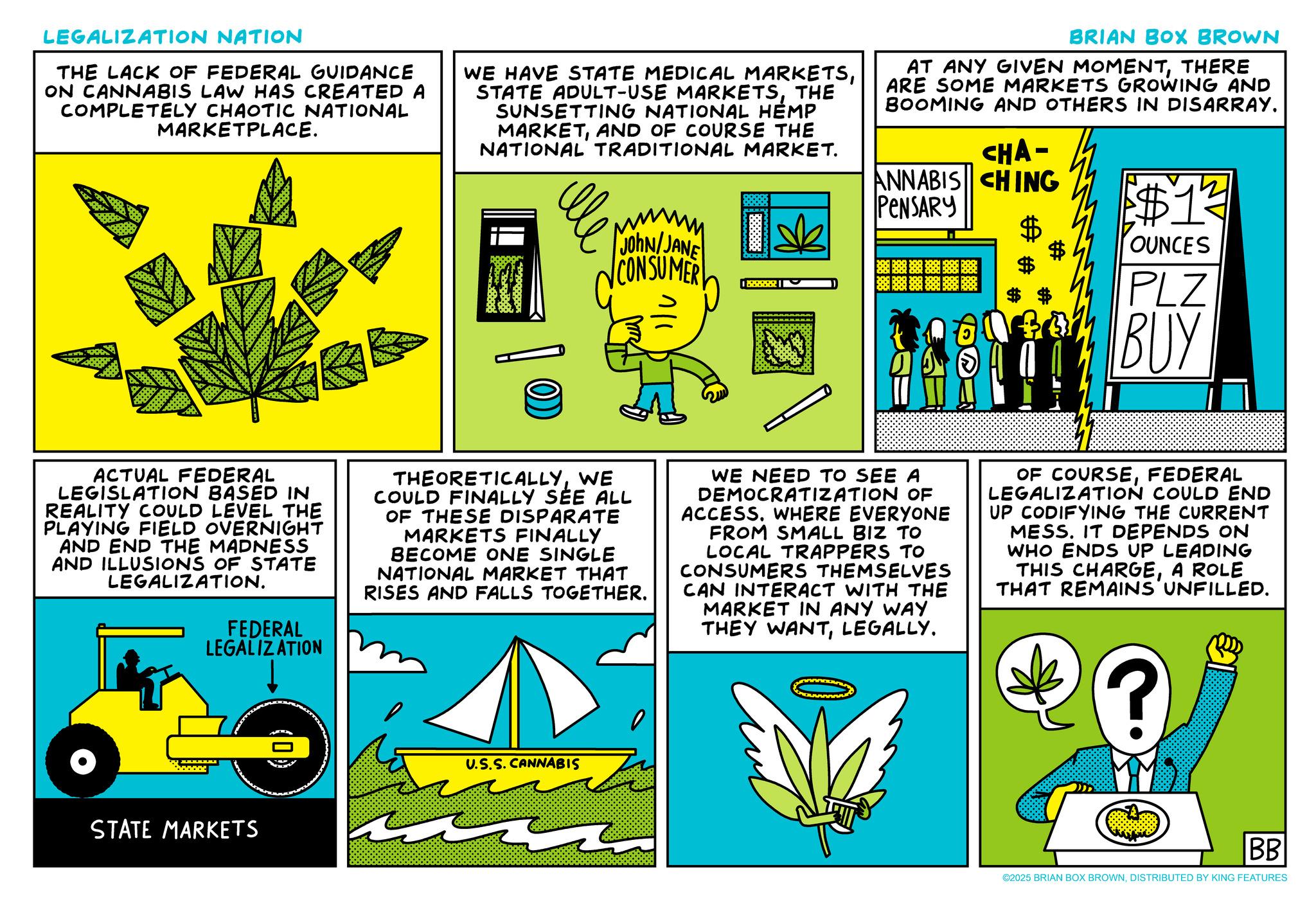 Humour OCR: LEGALIZATION NATION THE LACK OF FEDERAL GUIDANCE ON CANNABIS LAW HAS CREATED A COMPLETELY CHAOTIC NATIONAL MARKETPLACE. WE HAVE STATE MEDICAL MARKETSTHE SUNSETTING NATIONAL HEMP MARKETAND OF COURSE THE NATIONAL TRADITIONAL MARKET. v wwwww JohN/JANE CONSUMER BRIAN BOX BROWN AT ANY GIVEN MOMENTTHERE ARE SOME MARKETS GROWING AND BOOMING AND OTHERS IN DISARRAY. CHA- ANNABIS CHING PENSARY $13 $ OUNCES PLZ BUY ACTUAL FEDERAL LEGISLATION BASED IN REALITY COULD LEVEL THE PLAYING FIELD OVERNIGHT AND END THE MADNESS AND ILLUSIONS OF STATE LEGALIZATION. FEDERAL LEGALIZATION THEORETICALLYWE COULD FINALLY SEE ALL OF THESE DISPARATE MARKETS FINALLY BECOME ONE SINGLE NATIONAL MARKET THAT RISES AND FALLS TOGETHER. WE NEED TO SEE A DEMOCRATIZATION OF ACCESS. WHERE EVERYONE FROM SMALL BIZ TO LOCAL TRAPPERS TO CONSUMERS THEMSELVES CAN INTERACT WITH THE MARKET IN ANY WAY THEY WANTLEGALLY. OF COURSEFEDERAL LEGALIZATION COULD END UP CODIFYING THE CURRENT MESS. IT DEPENDS ON WHO ENDS UP LEADING THIS CHARGEA ROLE THAT REMAINS UNFILLED. STATE MARKETS (0) U.S.S. CANNABIS ? BB ©2025 BRIAN BOX BROWNDISTRIBUTED BY KING FEATURES LEGALIZATION NATION THE LACK OF FEDERAL GUIDANCE ON CANNABIS LAW HAS CREATED A COMPLETELY CHAOTIC NATIONAL MARKETPLACE . WE HAVE STATE MEDICAL MARKETSSTATE ADULT - USE MARKETSTHE SUNSETTING NATIONAL HEMP MARKETAND OF COURSE THE NATIONAL TRADITIONAL MARKET . v wwwww JohN / JANE CONSUMER BRIAN BOX BROWN AT ANY GIVEN MOMENTTHERE ARE SOME MARKETS GROWING AND BOOMING AND OTHERS IN DISARRAY . CHA- ANNABIS CHING PENSARY $ 13 $ OUNCES PLZ BUY ACTUAL FEDERAL LEGISLATION BASED IN REALITY COULD LEVEL THE PLAYING FIELD OVERNIGHT AND END THE MADNESS AND ILLUSIONS OF STATE LEGALIZATION . FEDERAL LEGALIZATION THEORETICALLYWE COULD FINALLY SEE ALL OF THESE DISPARATE MARKETS FINALLY BECOME ONE SINGLE NATIONAL MARKET THAT RISES AND FALLS TOGETHER . WE NEED TO SEE A DEMOCRATIZATION OF ACCESS . WHERE EVERYONE FROM SMALL BIZ TO LOCAL TRAPPERS TO CONSUMERS THEMSELVES CAN INTERACT WITH THE MARKET IN ANY WAY THEY WANTLEGALLY . OF COURSEFEDERAL LEGALIZATION COULD END UP CODIFYING THE CURRENT MESS . IT DEPENDS ON WHO ENDS UP LEADING THIS CHARGEA ROLE THAT REMAINS UNFILLED . STATE MARKETS ( 0 ) U.S.S. CANNABIS ? BB © 2025 BRIAN BOX BROWNDISTRIBUTED BY KING FEATURES
