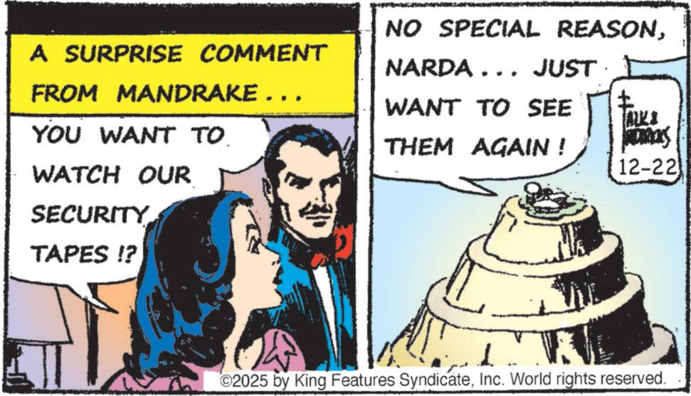 Illustration OCR: A SURPRISE COMMENT FROM MANDRAKE … …. YOU WANT TO. WATCH OUR SECURITY TAPES !? NO SPECIAL REASONNARDA... JUST · WANT TO SEE t THEM AGAIN ! Namas 12-22 O2025 by King Features SyndicateInc. World rights reserved. A SURPRISE COMMENT FROM MANDRAKE … … . YOU WANT TO . WATCH OUR SECURITY TAPES ! ? NO SPECIAL REASONNARDA ... JUST · WANT TO SEE t THEM AGAIN ! Namas 12-22 O2025 by King Features SyndicateInc. World rights reserved .