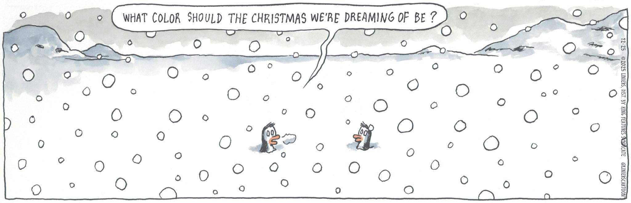 Ice cap OCR: WHAT COLOR SHOULD THE CHRISTMAS WE'RE DREAMING OF BE ? 0 ? ? 12-25 2025 LINIERSDIST. BY KING FEATURES SYNDICATE @LINIERSCARTOON WHAT COLOR SHOULD THE CHRISTMAS WE'RE DREAMING OF BE ? 0 ? ? 12-25 2025 LINIERSDIST . BY KING FEATURES SYNDICATE @LINIERSCARTOON