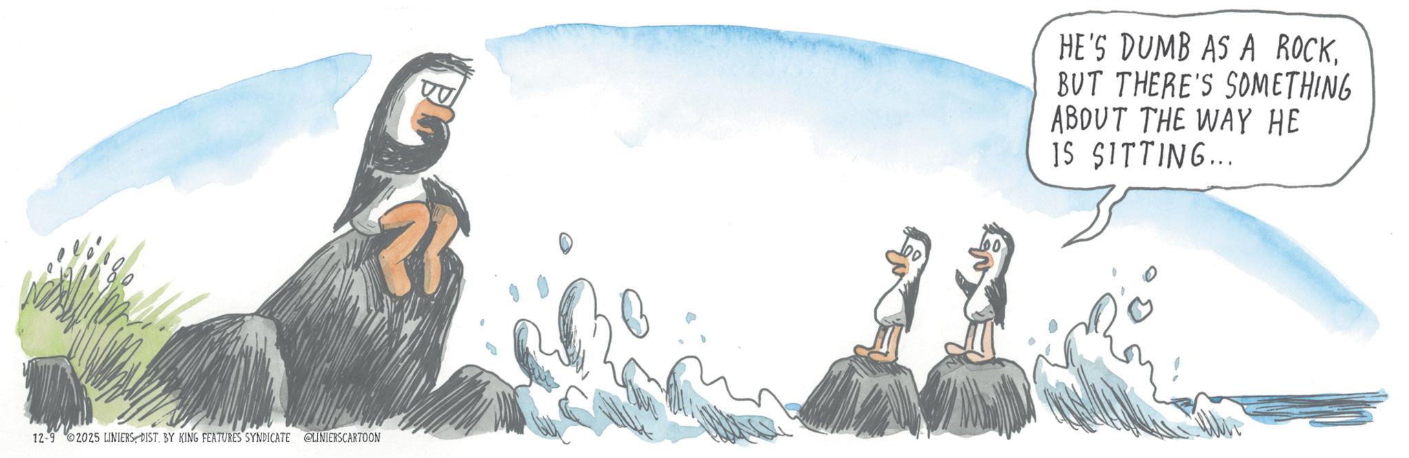 Fiction OCR: 12-9 2025 LINIERSDIST. BY KING FEATURES SYNDICATE @LINIERSCARTOON HE'S DUMB AS A ROCKBUT THERE'S SOMETHING ABOUT THE WAY HE IS SITTING... 12-9 2025 LINIERSDIST . BY KING FEATURES SYNDICATE @LINIERSCARTOON HE'S DUMB AS A ROCKBUT THERE'S SOMETHING ABOUT THE WAY HE IS SITTING ...