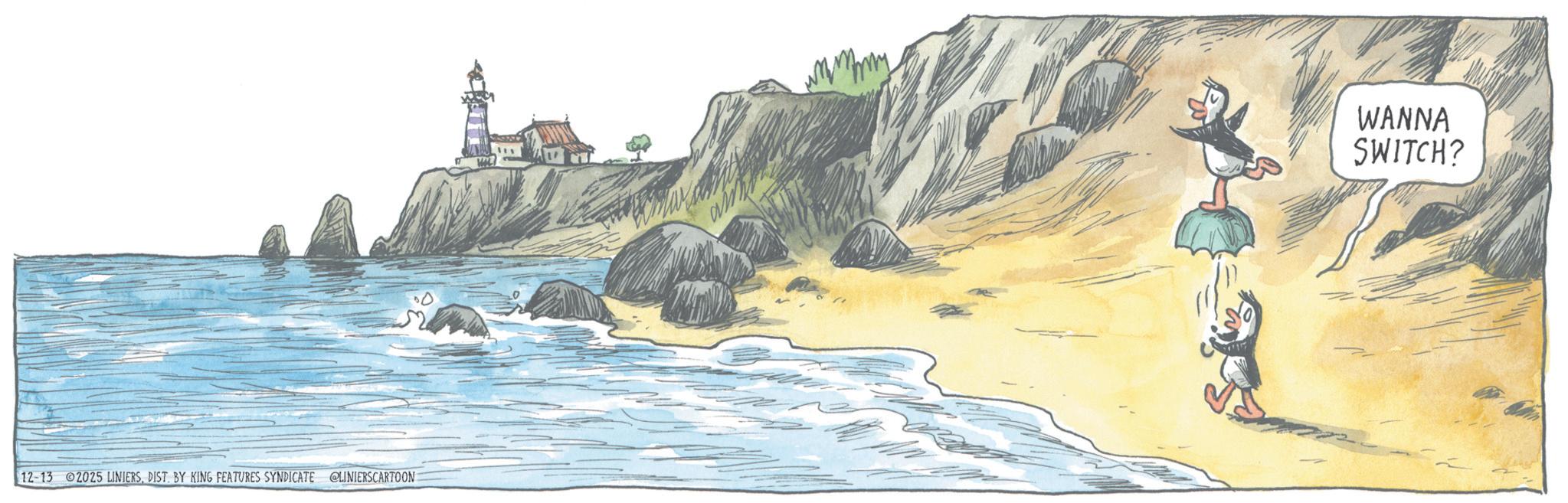 Raised beach OCR: 12-13 2025 LINIERSDIST. BY KING FEATURES SYNDICATE @LINIERSCARTOON my WANNA SWITCH? 12-13 2025 LINIERSDIST . BY KING FEATURES SYNDICATE @LINIERSCARTOON my WANNA SWITCH ?