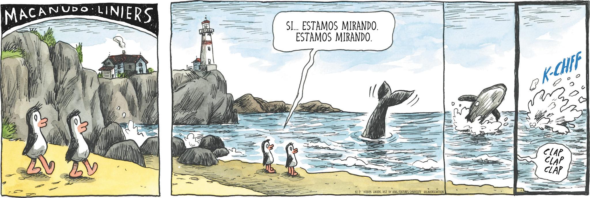OCR: MACANUDO LINIERS. www SI... ESTAMOS MIRANDO. ESTAMOS MIRANDO. 12-7 2025 LINIERSDIST. BY KING FEATURES SYNDICATE @LINIERSCARTOON K-CHFF CLAP CLAP CLAP MACANUDO LINIERS . www SI ... ESTAMOS MIRANDO . ESTAMOS MIRANDO . 12-7 2025 LINIERSDIST . BY KING FEATURES SYNDICATE @LINIERSCARTOON K - CHFF CLAP CLAP CLAP