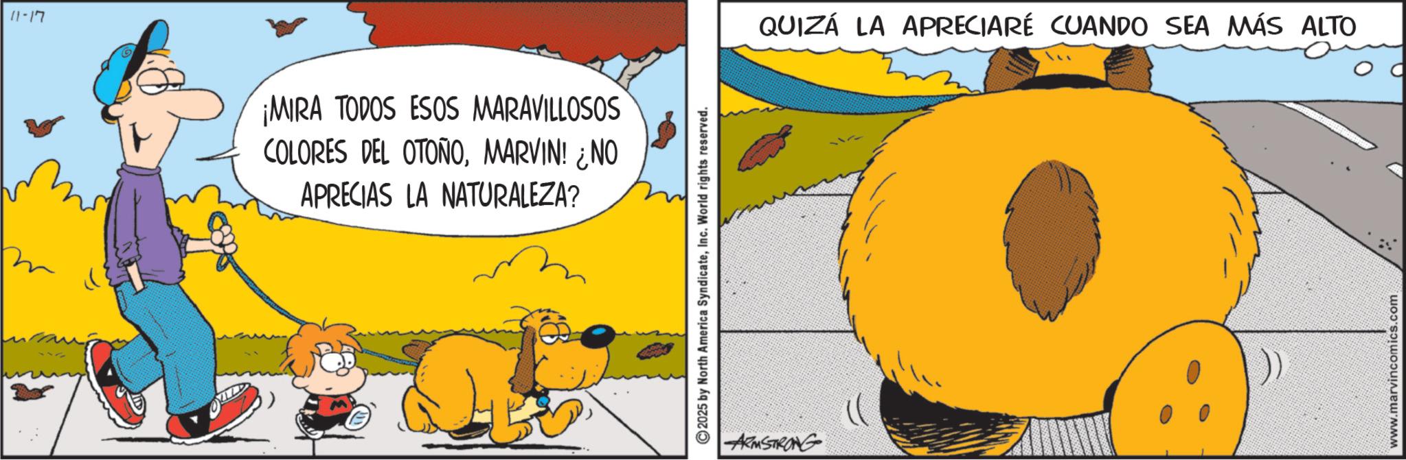 Graphics OCR: m 11-17 ¡MIRA TODOS ESOS MARAVILLOSOS COLORES DEL OTOÑOMARVIN! ¿NO APRECIAS LA NATURALEZA? ©2025 by North America SyndicateInc. World rights reserved. ARMSTRONG QUIZÁ LA APRECIARÉ CUANDO SEA MÁS ALTO www.marvincomics.com m 11-17 ¡ MIRA TODOS ESOS MARAVILLOSOS COLORES DEL OTOÑOMARVIN ! ¿ NO APRECIAS LA NATURALEZA ? © 2025 by North America SyndicateInc. World rights reserved . ARMSTRONG QUIZÁ LA APRECIARÉ CUANDO SEA MÁS ALTO www.marvincomics.com