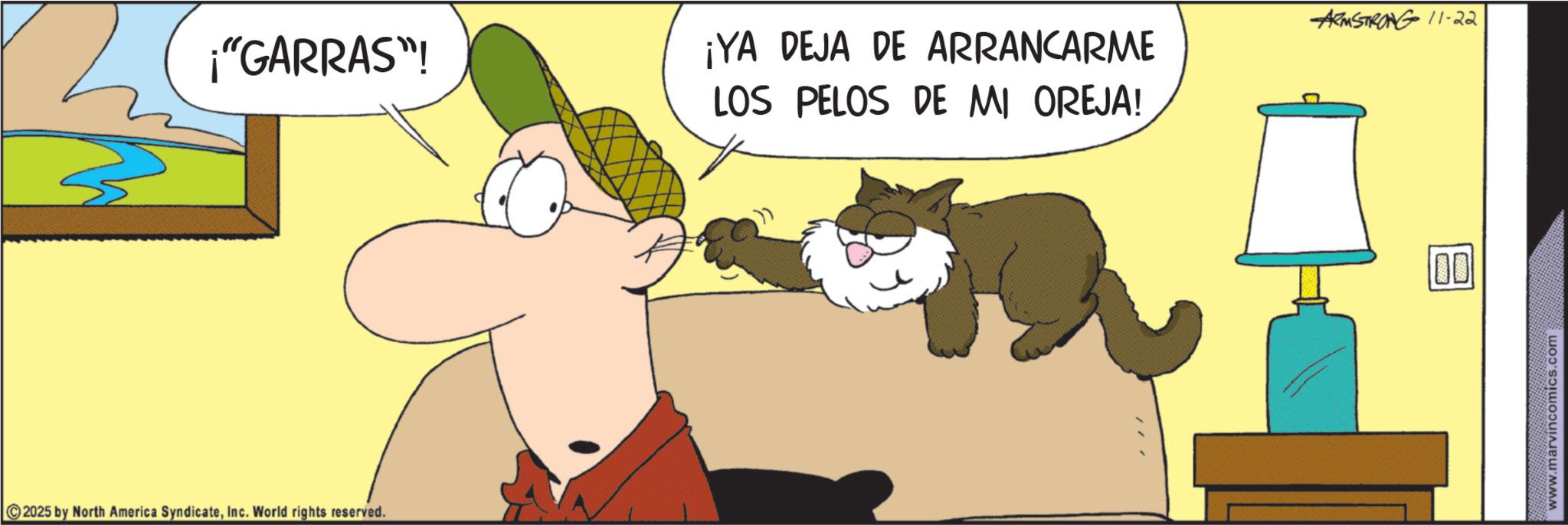 Photo caption OCR: ¡"GARRAS"! ¡YA DEJA DE ARRANCARME LOS PELOS DE MI OREJA! 2025 by North America SyndicateInc. World rights reserved. -ARMSTRONG 11-22 100 www.marvincomics.com ¡ " GARRAS " ! ¡ YA DEJA DE ARRANCARME LOS PELOS DE MI OREJA ! 2025 by North America SyndicateInc. World rights reserved . -ARMSTRONG 11-22 100 www.marvincomics.com