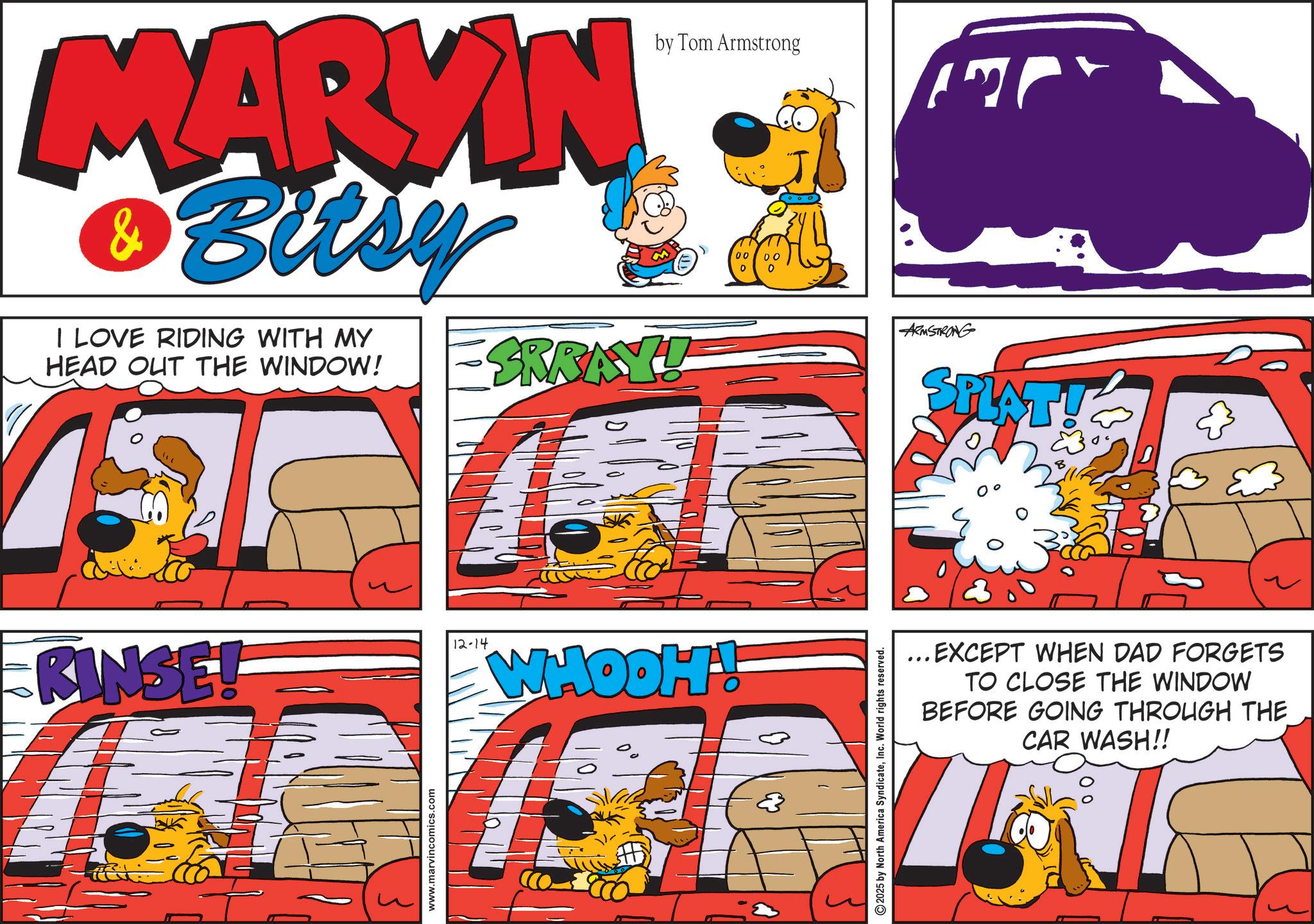 Comic book OCR: MARYIN & Bitsy I LOVE RIDING WITH MY HEAD OUT THE WINDOW! by Tom Armstrong SRRAY! 00 00 0 RINSE! www.marvincomics.com 12-14 WHOOH! 2025 by North America SyndicateInc. World rights reserved. ARMSTRONG SPLAT! ... EXCEPT WHEN DAD FORGETS TO CLOSE THE WINDOW BEFORE GOING THROUGH THE CAR WASH!! MARYIN & Bitsy I LOVE RIDING WITH MY HEAD OUT THE WINDOW ! by Tom Armstrong SRRAY ! 00 00 0 RINSE ! www.marvincomics.com 12-14 WHOOH ! 2025 by North America SyndicateInc. World rights reserved . ARMSTRONG SPLAT ! ... EXCEPT WHEN DAD FORGETS TO CLOSE THE WINDOW BEFORE GOING THROUGH THE CAR WASH !!