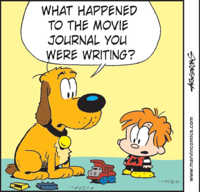 Illustration OCR: WHAT HAPPENED TO THE MOVIE JOURNAL YOU WERE WRITING? ????? M I ARMSTRONG www.marvincomics.com WHAT HAPPENED TO THE MOVIE JOURNAL YOU WERE WRITING ? ????? M I ARMSTRONG www.marvincomics.com
