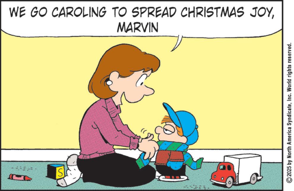 Animated cartoon OCR: C Sk WE GO CAROLING TO SPREAD CHRISTMAS JOYMARVIN ©2025 by North America SyndicateInc. World rights reserved. C Sk WE GO CAROLING TO SPREAD CHRISTMAS JOYMARVIN © 2025 by North America SyndicateInc. World rights reserved .