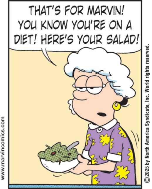 Fiction OCR: www.marvincomics.com THAT'S FOR MARVIN! YOU KNOW YOU'RE ON A DIET! HERE'S YOUR SALAD! 2025 by North America SyndicateInc. World rights reserved. www.marvincomics.com THAT'S FOR MARVIN ! YOU KNOW YOU'RE ON A DIET ! HERE'S YOUR SALAD ! 2025 by North America SyndicateInc. World rights reserved .