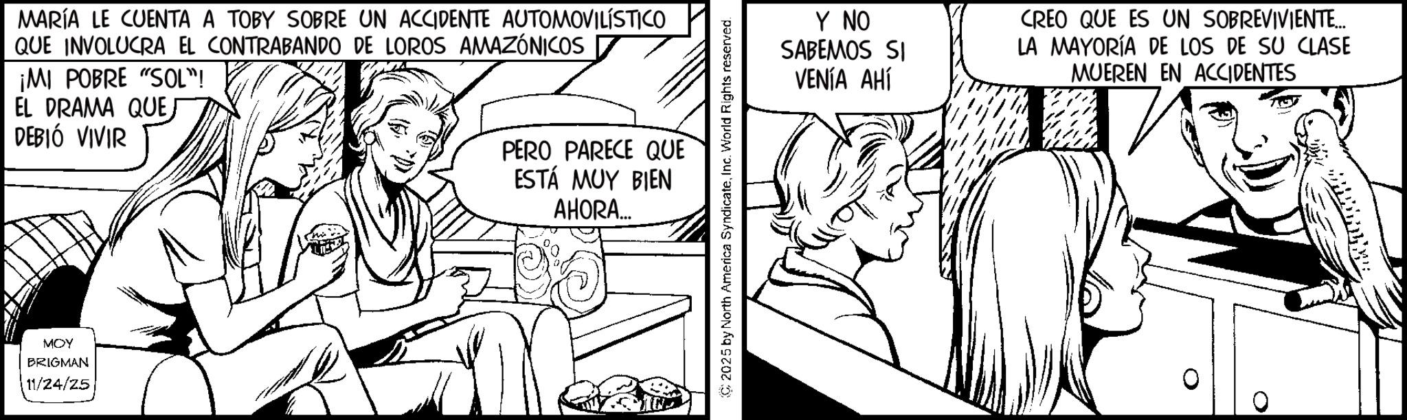 Gesture OCR: MARÍA LE CUENTA A TOBY SOBRE UN ACCIDENTE AUTOMOVILÍSTICO QUE INVOLUCRA EL CONTRABANDO DE LOROS AMAZÓNICOS ¡MI POBRE "SOL"! EL DRAMA QUEDEBIÓ VIVIR MOY BRIGMAN 11/24/25 PERO PARECE QUE ESTÁ MUY BIEN AHORA... ©2025 by North America SyndicateInc. World Rights reserved. Y NO SABEMOS SI VENÍA AHÍ CREO QUE ES UN SOBREVIVIENTE... LA MAYORÍA DE LOS DE SU CLASE MUEREN EN ACCIDENTES MARÍA LE CUENTA A TOBY SOBRE UN ACCIDENTE AUTOMOVILÍSTICO QUE INVOLUCRA EL CONTRABANDO DE LOROS AMAZÓNICOS ¡ MI POBRE " SOL " ! EL DRAMA QUEDEBIÓ VIVIR MOY BRIGMAN 11/24/25 PERO PARECE QUE ESTÁ MUY BIEN AHORA ... © 2025 by North America SyndicateInc. World Rights reserved . Y NO SABEMOS SI VENÍA AHÍ CREO QUE ES UN SOBREVIVIENTE ... LA MAYORÍA DE LOS DE SU CLASE MUEREN EN ACCIDENTES
