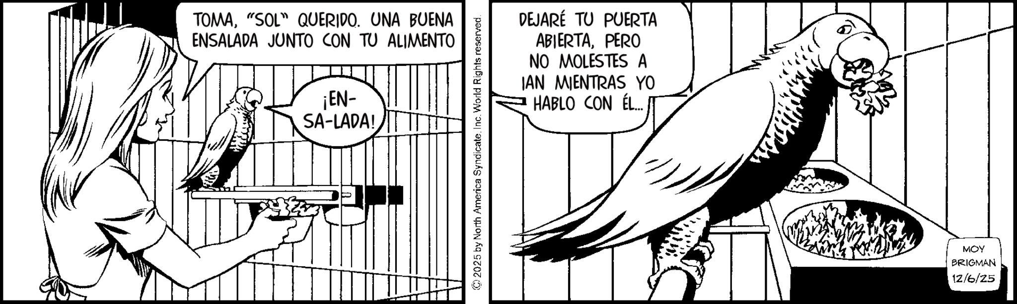 Comic book OCR: TOMA"SOL" QUERIDO. UNA BUENA ENSALADA JUNTO CON TU ALIMENTO ¡EN- SA-LADA! © 2025 by North America SyndicateInc. World Rights reserved. DEJARÉ TU PUERTA ABIERTAPERO NO MOLESTES A IAN MIENTRAS YO HABLO CON ÉL... MOY BRIGMAN 12/6/25 TOMA" SOL " QUERIDO . UNA BUENA ENSALADA JUNTO CON TU ALIMENTO ¡ EN- SA - LADA ! © 2025 by North America SyndicateInc. World Rights reserved . DEJARÉ TU PUERTA ABIERTAPERO NO MOLESTES A IAN MIENTRAS YO HABLO CON ÉL ... MOY BRIGMAN 12/6/25