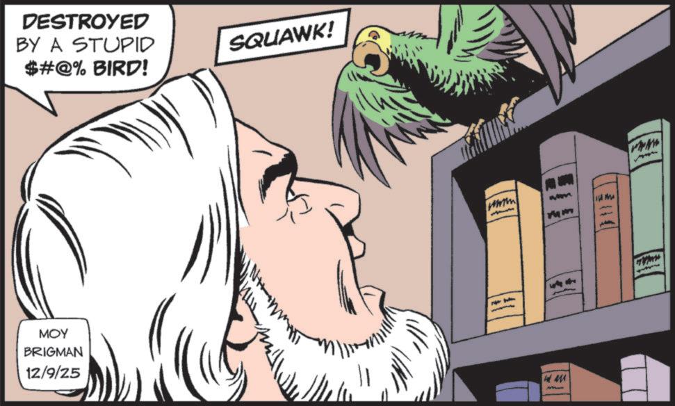 Animation OCR: DESTROYED BY A STUPID $#@% BIRD! SQUAWK! MOY BRIGMAN 12/9/25 ????? www DESTROYED BY A STUPID $ # @ % BIRD ! SQUAWK ! MOY BRIGMAN 12/9/25 ????? www