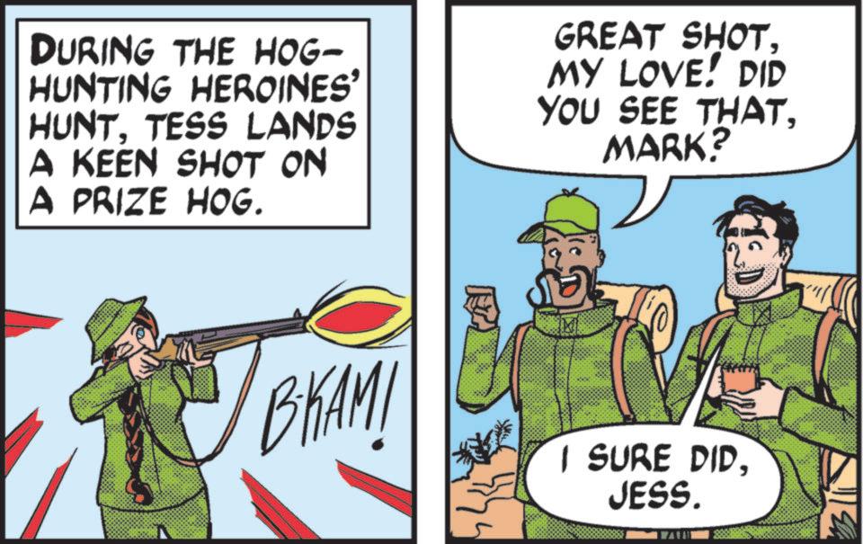 Fictional character OCR: DURING THE HOG- HUNTING HEROINES' HUNTTESS LANDS A KEEN SHOT ON A PRIZE HOG. GREAT SHOTMY LOVE! DID YOU SEE THATMARK? BKAMI I SURE DIDJESS. ?. DURING THE HOG- HUNTING HEROINES ' HUNTTESS LANDS A KEEN SHOT ON A PRIZE HOG . GREAT SHOTMY LOVE ! DID YOU SEE THATMARK ? BKAMI I SURE DIDJESS . ? .