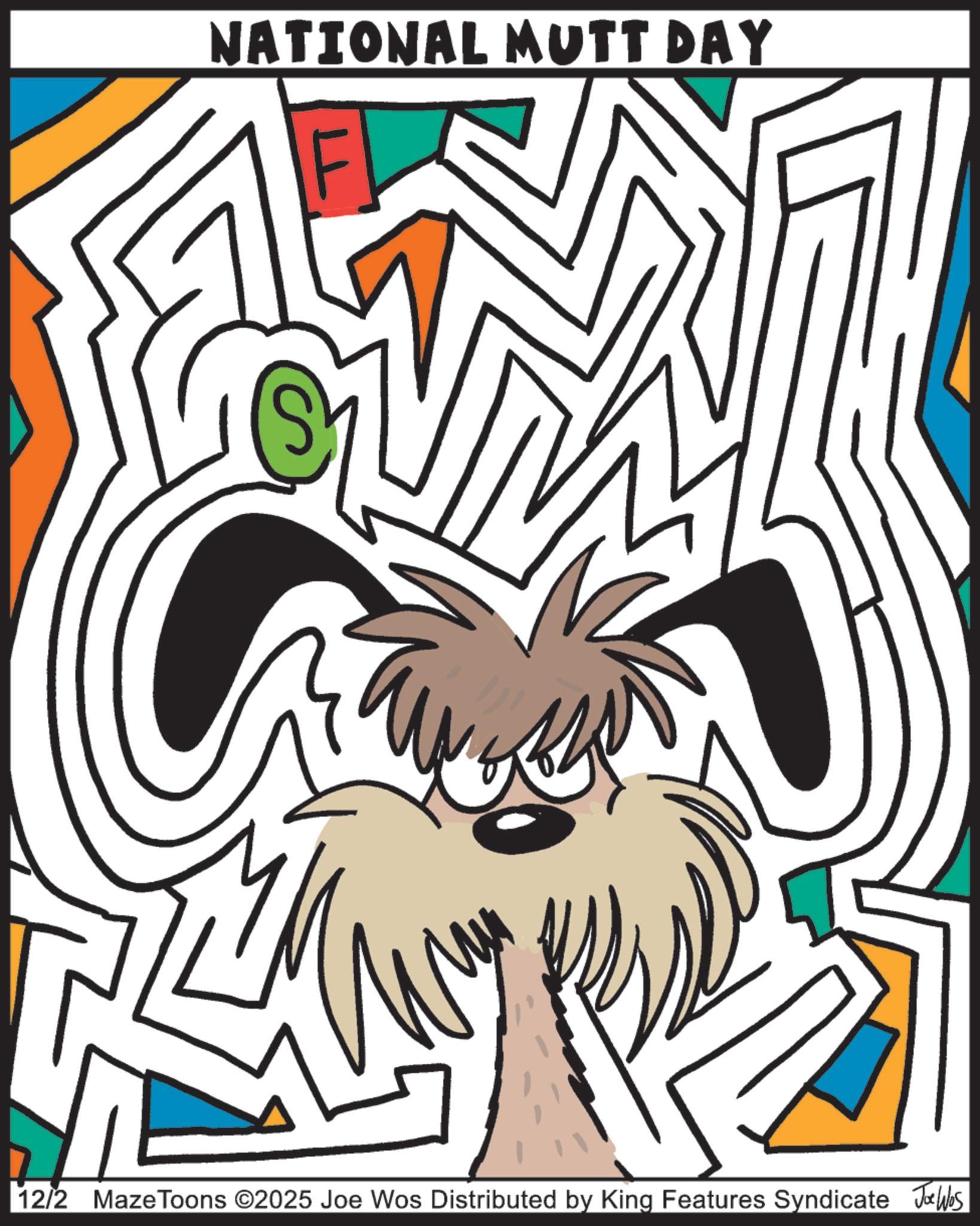 Graphic design OCR: NATIONAL MUTT DAY 12/2 MazeToons ©2025 Joe Wos Distributed by King Features Syndicate Jobs NATIONAL MUTT DAY 12/2 MazeToons © 2025 Joe Wos Distributed by King Features Syndicate Jobs
