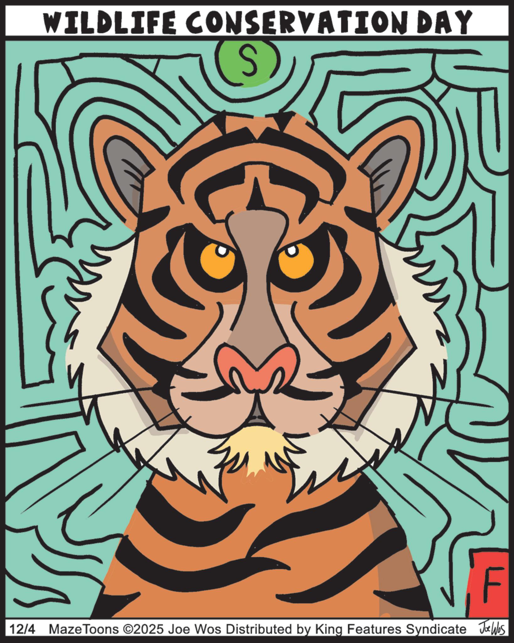Drawing OCR: WILDLIFE CONSERVATION DAY F 12/4 Maze Toons ©2025 Joe Wos Distributed by King Features Syndicate Joe Was WILDLIFE CONSERVATION DAY F 12/4 Maze Toons © 2025 Joe Wos Distributed by King Features Syndicate Joe Was