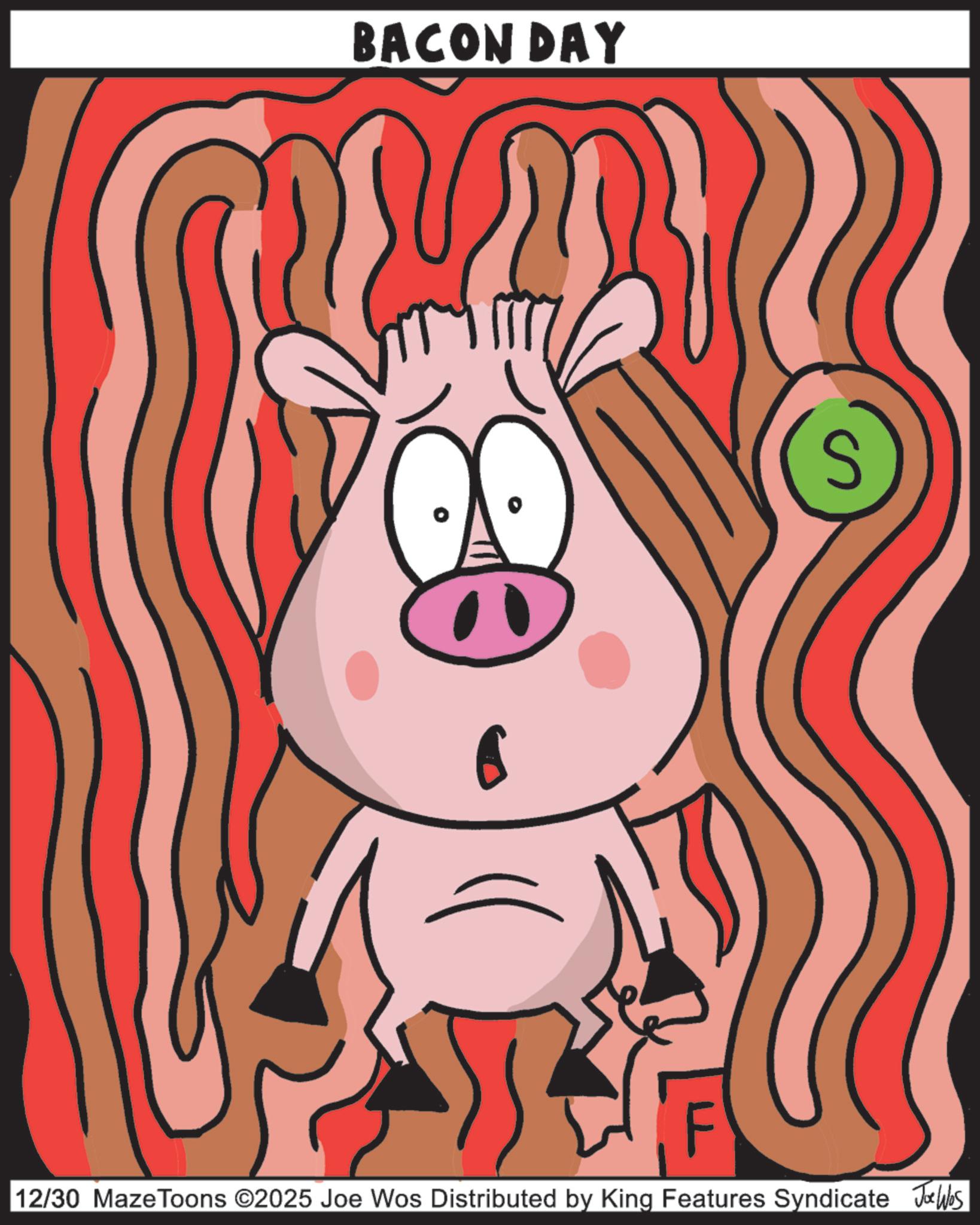Suidae OCR: BACON DAY 12/30 MazeToons ©2025 Joe Wos Distributed by King Features Syndicate Joe Was BACON DAY 12/30 MazeToons © 2025 Joe Wos Distributed by King Features Syndicate Joe Was