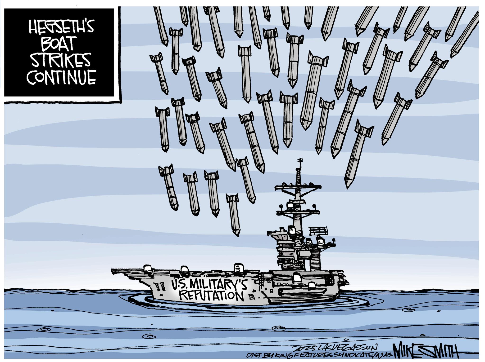 Photo caption OCR: HESSETH'S BOAT STRIKES CONTINUE US. MILITARY'S REPUTATION FORSLASVEGASSUN DIST. BAKING FEATURES SYNDICATE WAS MIKE SMITH HESSETH'S BOAT STRIKES CONTINUE US . MILITARY'S REPUTATION FORSLASVEGASSUN DIST . BAKING FEATURES SYNDICATE WAS MIKE SMITH