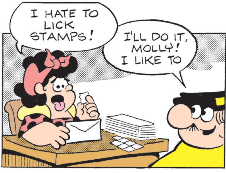 Conversation OCR: I HATE TO LICK STAMPS! I'LL DO ITMOLLY! I LIKE TO I HATE TO LICK STAMPS ! I'LL DO ITMOLLY ! I LIKE TO