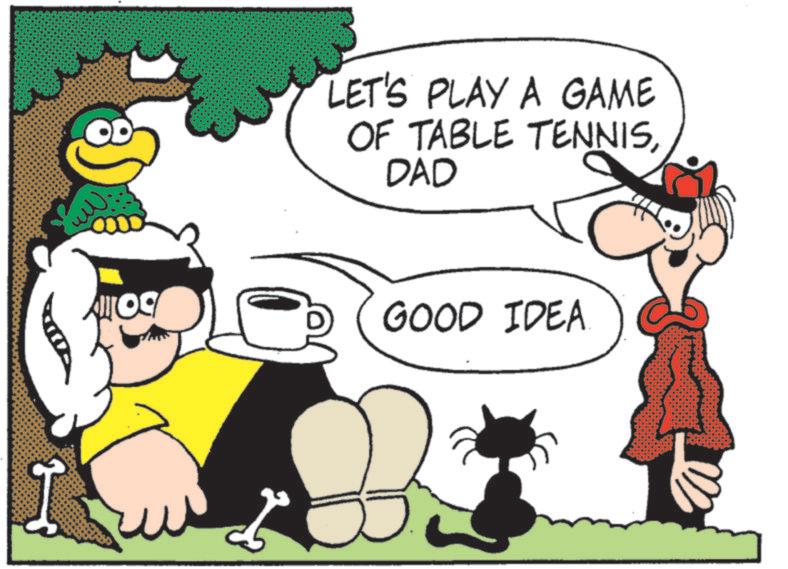 Fictional character OCR: Allog LET'S PLAY A GAME OF TABLE TENNISDAD GOOD IDEA Allog LET'S PLAY A GAME OF TABLE TENNISDAD GOOD IDEA