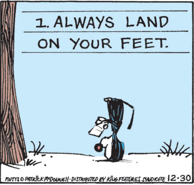 Graphics OCR: 1. ALWAYS LAND ON YOUR FEET. W MUTTS © PATRICK M'DONNELL DISTRIBUTED BY KING FEATURES SYNDICATE 12.30 1. ALWAYS LAND ON YOUR FEET . W MUTTS © PATRICK M'DONNELL DISTRIBUTED BY KING FEATURES SYNDICATE 12.30
