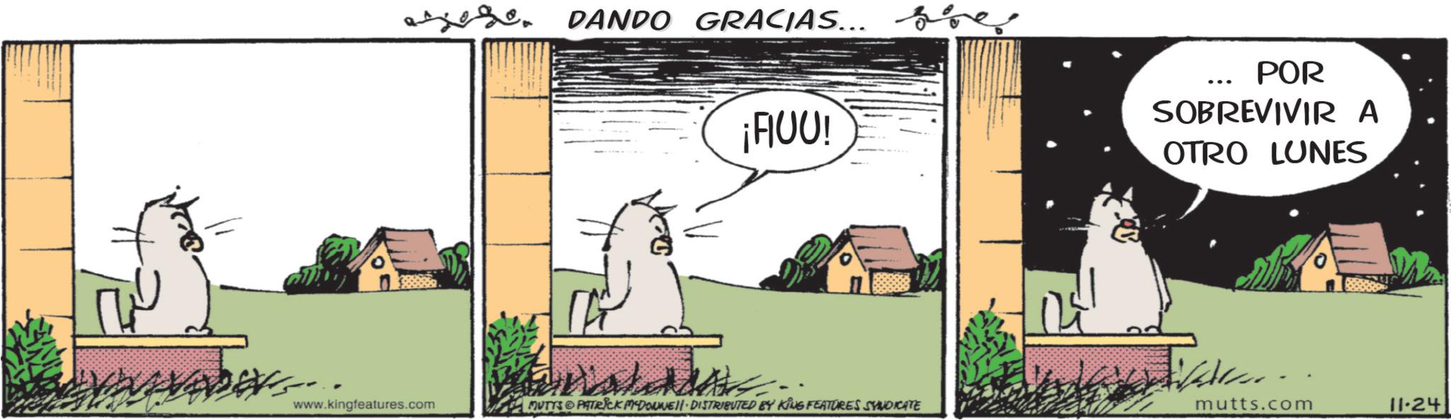 Whiskers OCR: DANDO GRACIAS... ¡FIUU! ... POR SOBREVIVIR A OTRO LUNES www.kingfeatures.com MUTTS PATRICK MEDONNE DISTRIBUTED BY KING FEATURES SYNDICATE mutts.com 11.24 DANDO GRACIAS ... ¡ FIUU ! ... POR SOBREVIVIR A OTRO LUNES www.kingfeatures.com MUTTS PATRICK MEDONNE DISTRIBUTED BY KING FEATURES SYNDICATE mutts.com 11.24