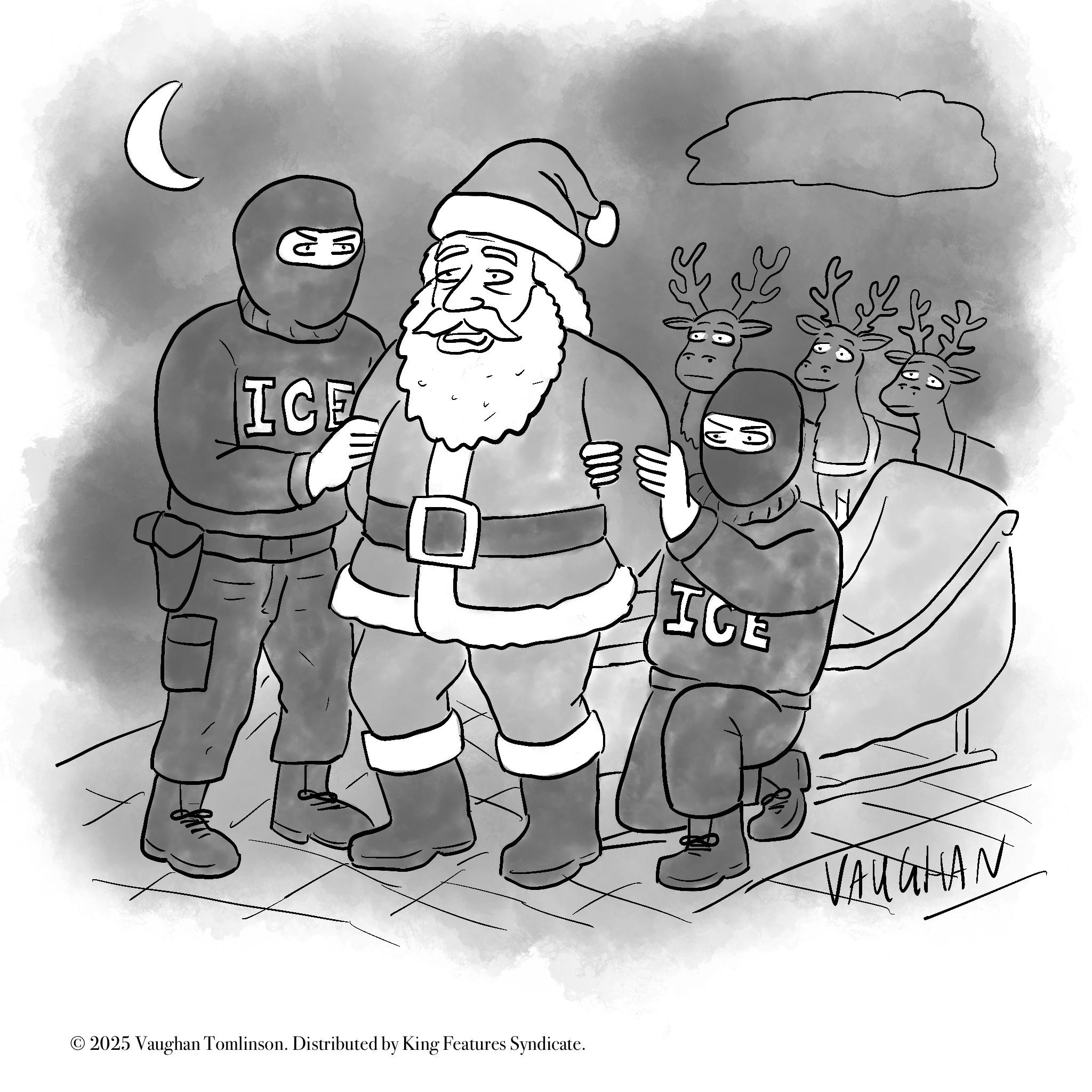 Snow OCR: ON ICE ICE © 2025 Vaughan Tomlinson. Distributed by King Features Syndicate. VAUGHAN ON ICE ICE © 2025 Vaughan Tomlinson . Distributed by King Features Syndicate . VAUGHAN