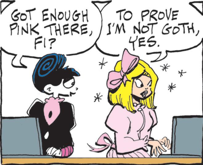 Animated cartoon OCR: GOT ENOUGH TO PROVE PINK THEREFI? YES. @ ? GOT ENOUGH TO PROVE PINK THEREI'M NOT GOTHFI ? YES . @ ?
