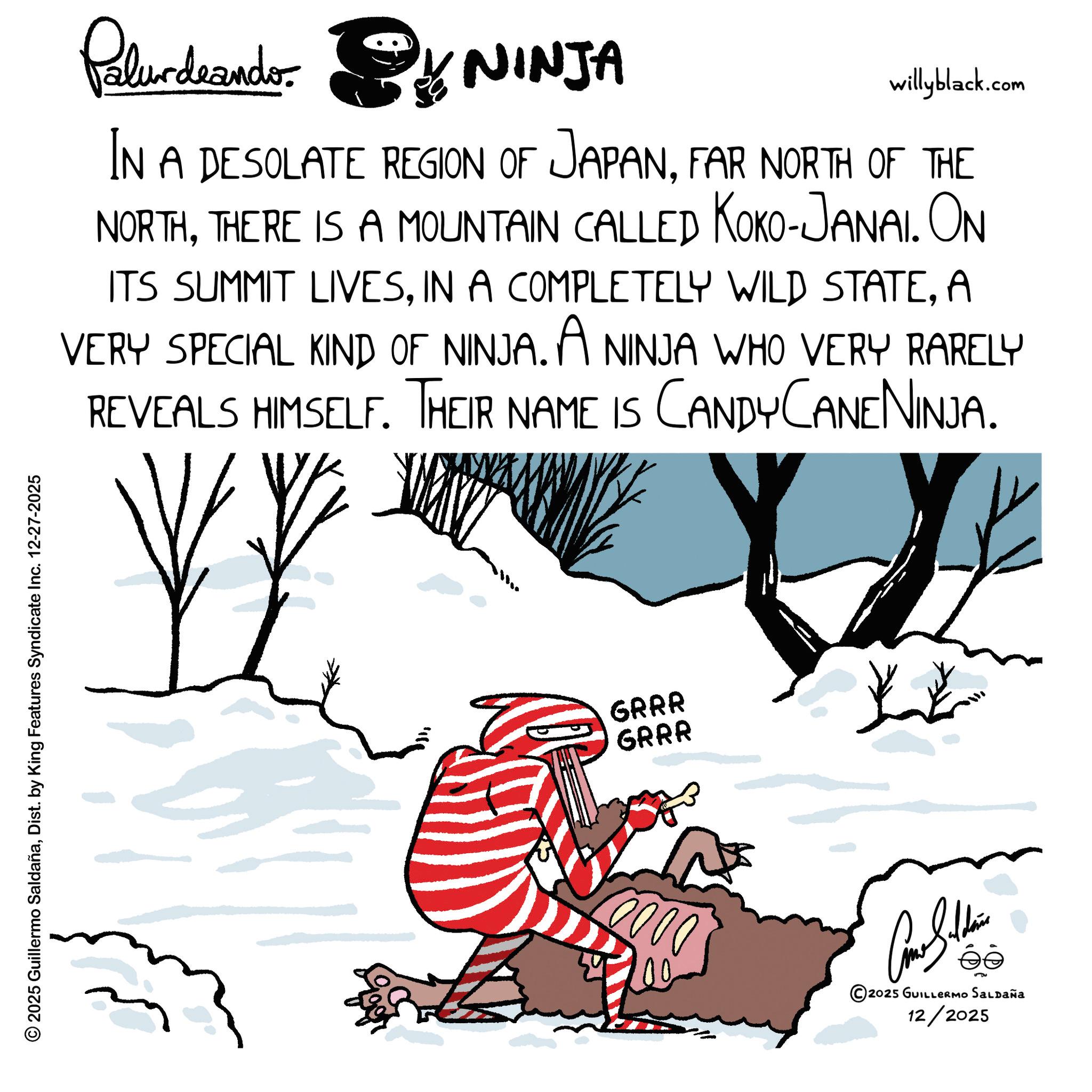 Fiction OCR: © 2025 Guillermo SaldañaDist. by King Features Syndicate Inc. 12-27-2025 Palurdnander. * NINJA willyblack.com IN A DESOLATE REGION OF JAPANFAR NORTH OF THE NORTHTHERE IS A MOUNTAIN CALLED KOKO-JANAI. ON ITS SUMMIT LIVESA VERY SPECIAL KIND OF NINJA. A NINJA WHO VERY RARELY REVEALS HIMSELF. THEIR NAME IS CANDY CANENINJA. GRRR GRRR Can Soldie 2025 GUILLERMO SALDAÑA 12/2025 © 2025 Guillermo SaldañaDist . by King Features Syndicate Inc. 12-27-2025 Palurdnander . * NINJA willyblack.com IN A DESOLATE REGION OF JAPANFAR NORTH OF THE NORTHTHERE IS A MOUNTAIN CALLED KOKO - JANAI . ON ITS SUMMIT LIVESIN A COMPLETELY WILD STATEA VERY SPECIAL KIND OF NINJA . A NINJA WHO VERY RARELY REVEALS HIMSELF . THEIR NAME IS CANDY CANENINJA . GRRR GRRR Can Soldie 2025 GUILLERMO SALDAÑA 12/2025