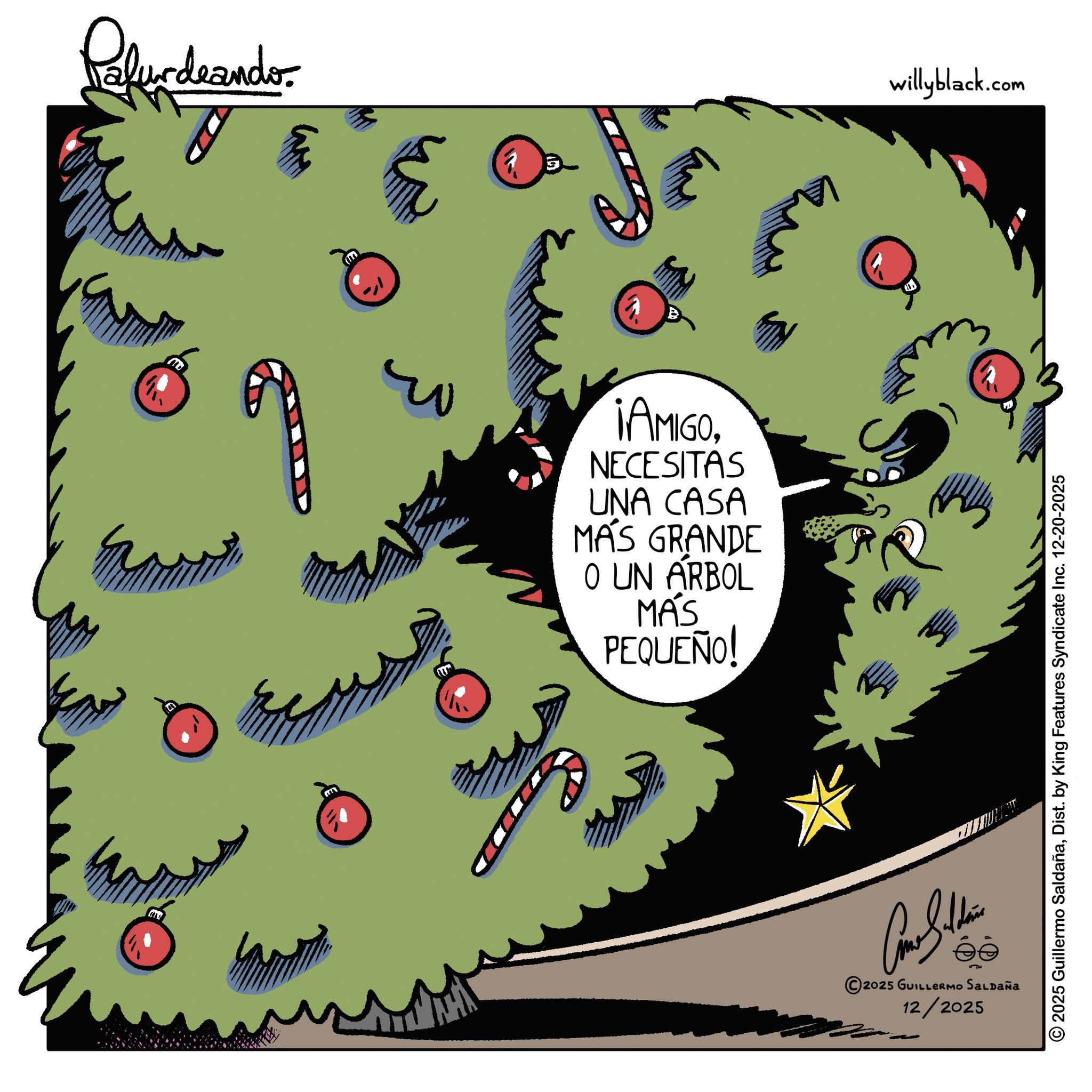 Christmas tree OCR: Pelurdeando. m (m ? willyblack.com ¡AMIGONECESITAS UNA CASA MÁS GRANDE O UN ARBOL MÁS PEQUEÑO! Como Saldain éé 2025 GUILLERMO SALDAÑa 12/2025 2025 Guillermo SaldañaDist. by King Features Syndicate Inc. 12-20-2025 Pelurdeando . m ( m ? willyblack.com ¡ AMIGONECESITAS UNA CASA MÁS GRANDE O UN ARBOL MÁS PEQUEÑO ! Como Saldain éé 2025 GUILLERMO SALDAÑa 12/2025 2025 Guillermo SaldañaDist . by King Features Syndicate Inc. 12-20-2025