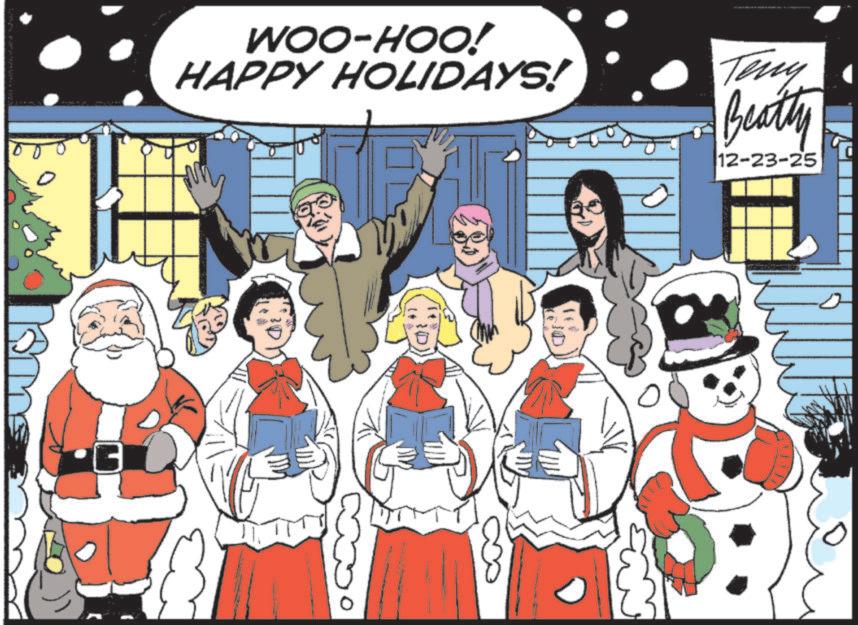 Animated cartoon OCR: WOO-HOO! HAPPY HOLIDAYS! Teny Beatty 12-23-25 10 WOO - HOO ! HAPPY HOLIDAYS ! Teny Beatty 12-23-25 10