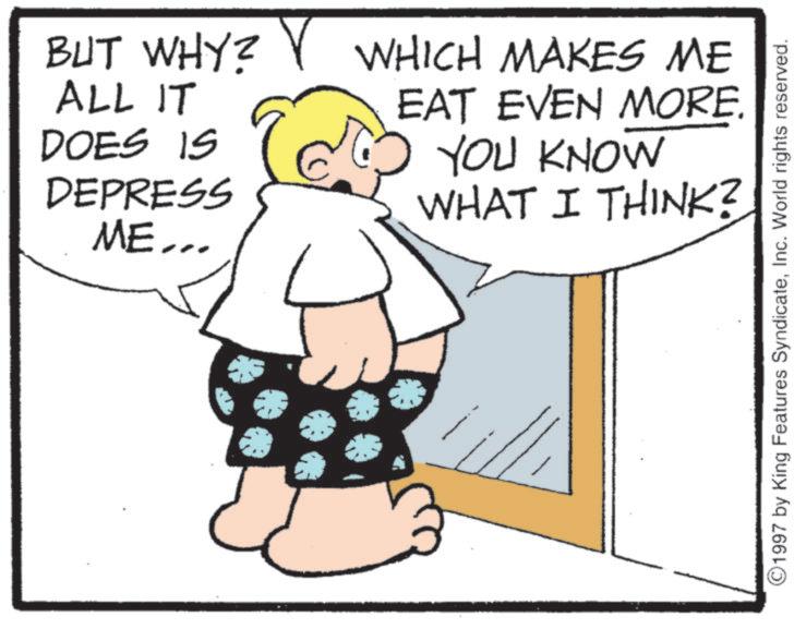 Animated cartoon OCR: BUT WHY? ALL IT DOES IS DEPRESS ME... WHICH MAKES ME EAT EVEN MORE. YOU KNOW WHAT I THINK? 1997 by King Features SyndicateInc. World rights reserved. BUT WHY ? ALL IT DOES IS DEPRESS ME ... WHICH MAKES ME EAT EVEN MORE . YOU KNOW WHAT I THINK ? 1997 by King Features SyndicateInc. World rights reserved .