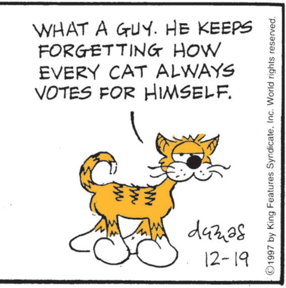 Drawing OCR: WHAT A GUY. HE KEEPS FORGETTING HOW EVERY CAT ALWAYS VOTES FOR HIMSELF. 1997 by King Features SyndicateInc. World rights reserved. ????? 12-19 WHAT A GUY . HE KEEPS FORGETTING HOW EVERY CAT ALWAYS VOTES FOR HIMSELF . 1997 by King Features SyndicateInc. World rights reserved . ????? 12-19