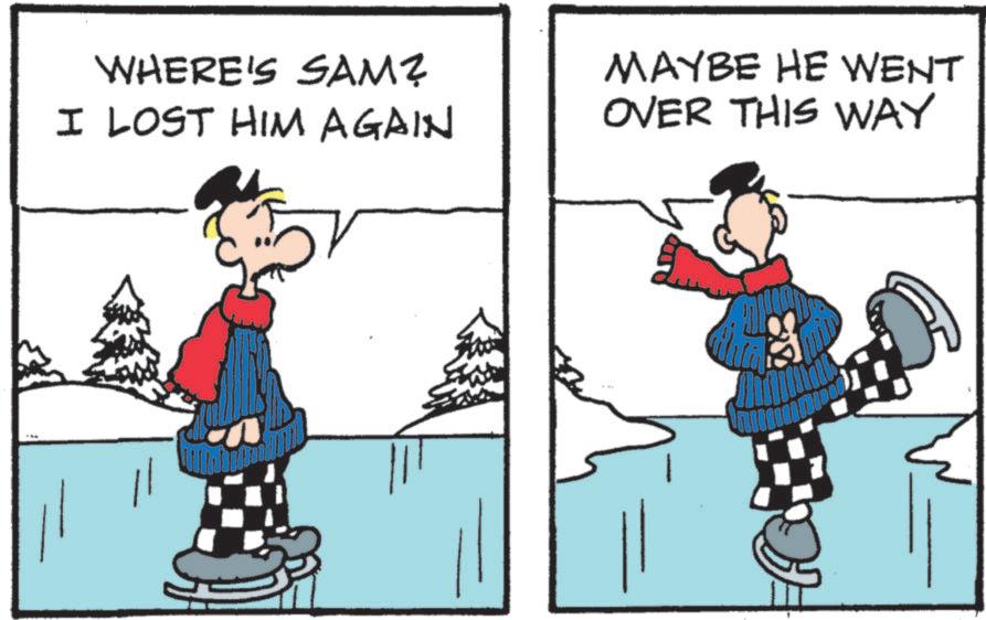 Animated cartoon OCR: WHERE'S SAM? I LOST HIM AGAIN MAYBE HE WENT OVER THIS WAY WHERE'S SAM ? I LOST HIM AGAIN MAYBE HE WENT OVER THIS WAY