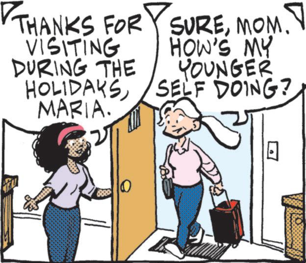 Fictional character OCR: THANKS FOR SUREMOM. VISITING DURING THE HOW'S MY YOUNGER HOLIDAYSMARIA. SELF DOING? THANKS FOR SUREMOM . VISITING DURING THE HOW'S MY YOUNGER HOLIDAYSMARIA . SELF DOING ?